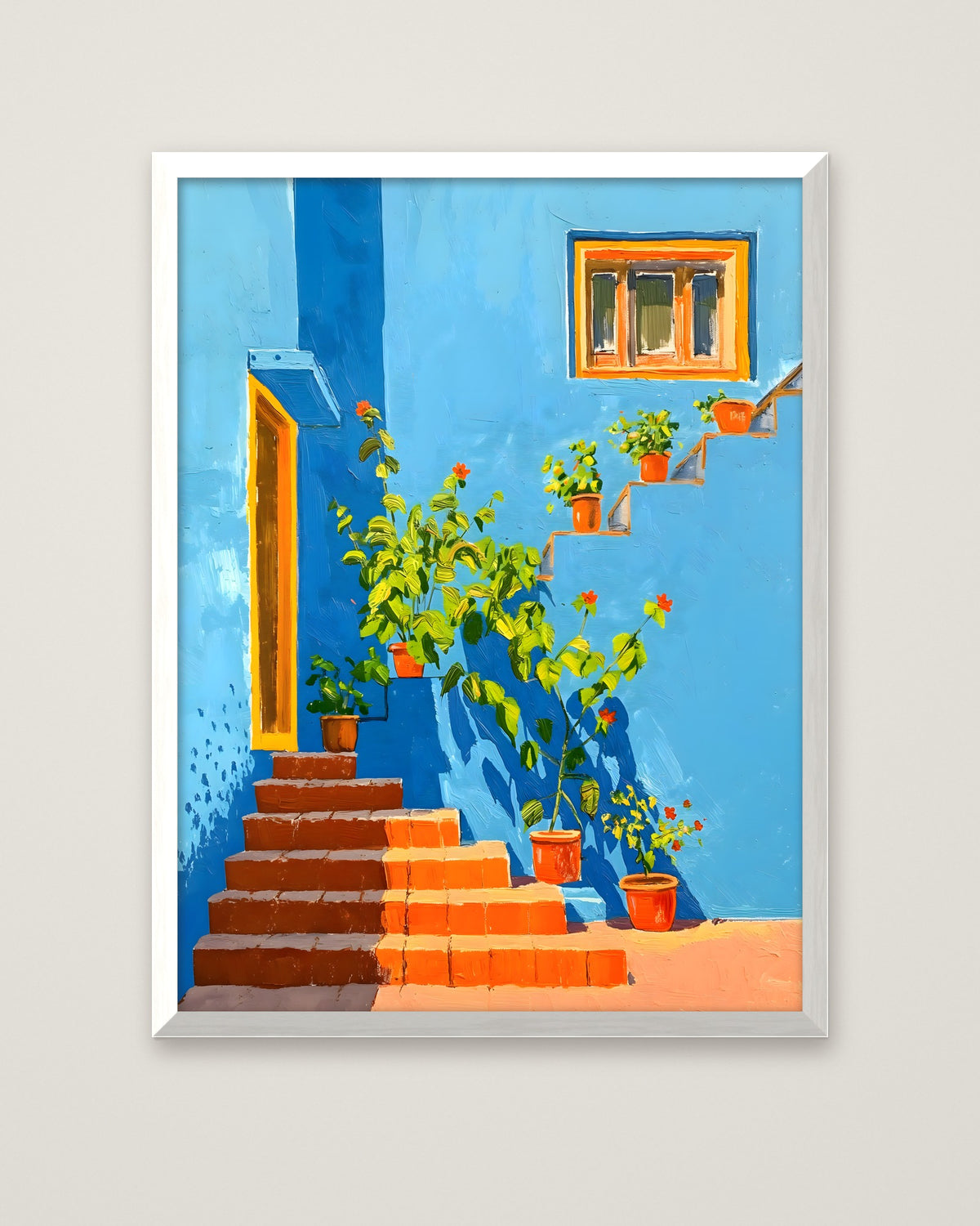 Mediterranean Blue Wall Staircase Art in a white frame