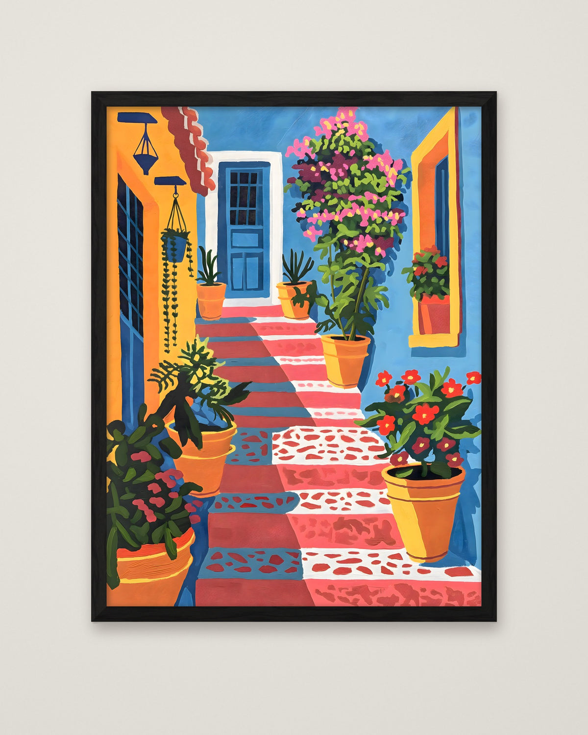 Mediterranean Courtyard Staircase Art in a black frame