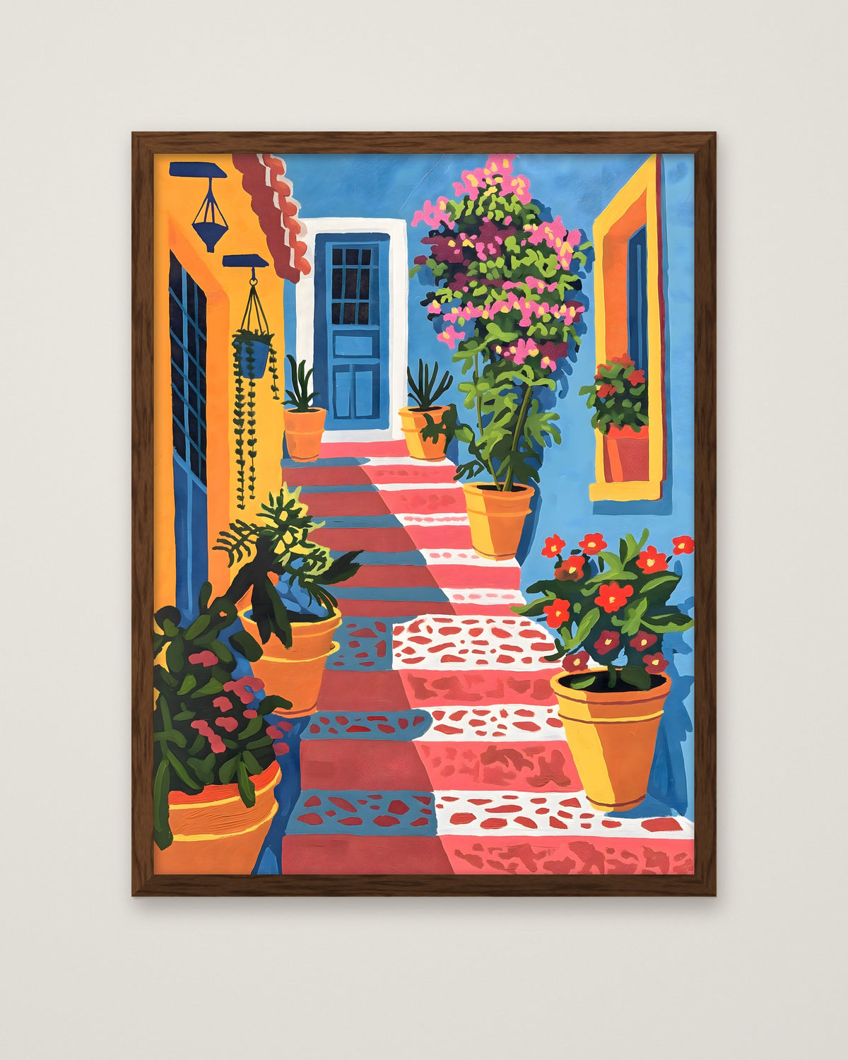 Mediterranean Courtyard Staircase Art in a dark wood frame