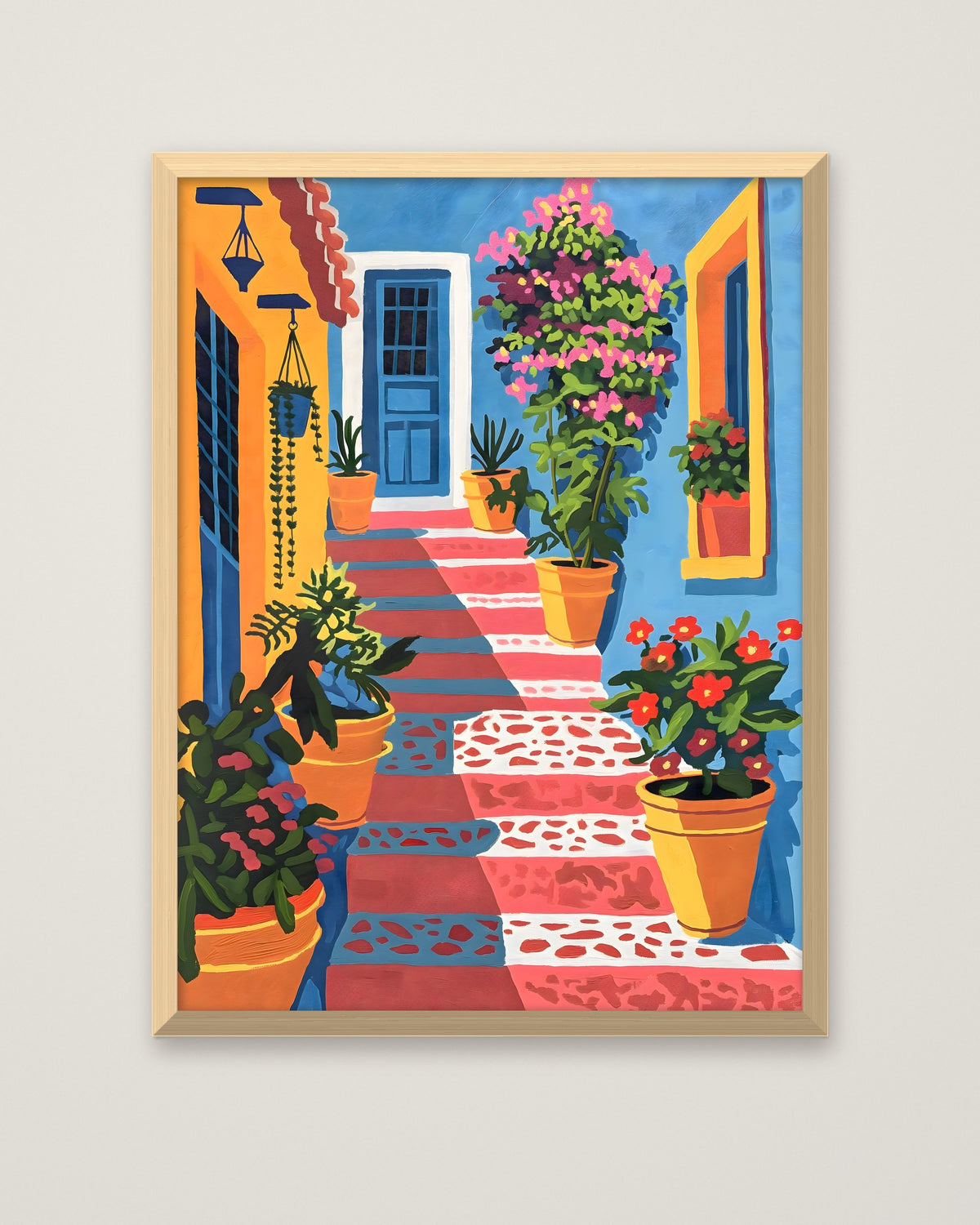 Mediterranean Courtyard Staircase Art in a natural wood frame