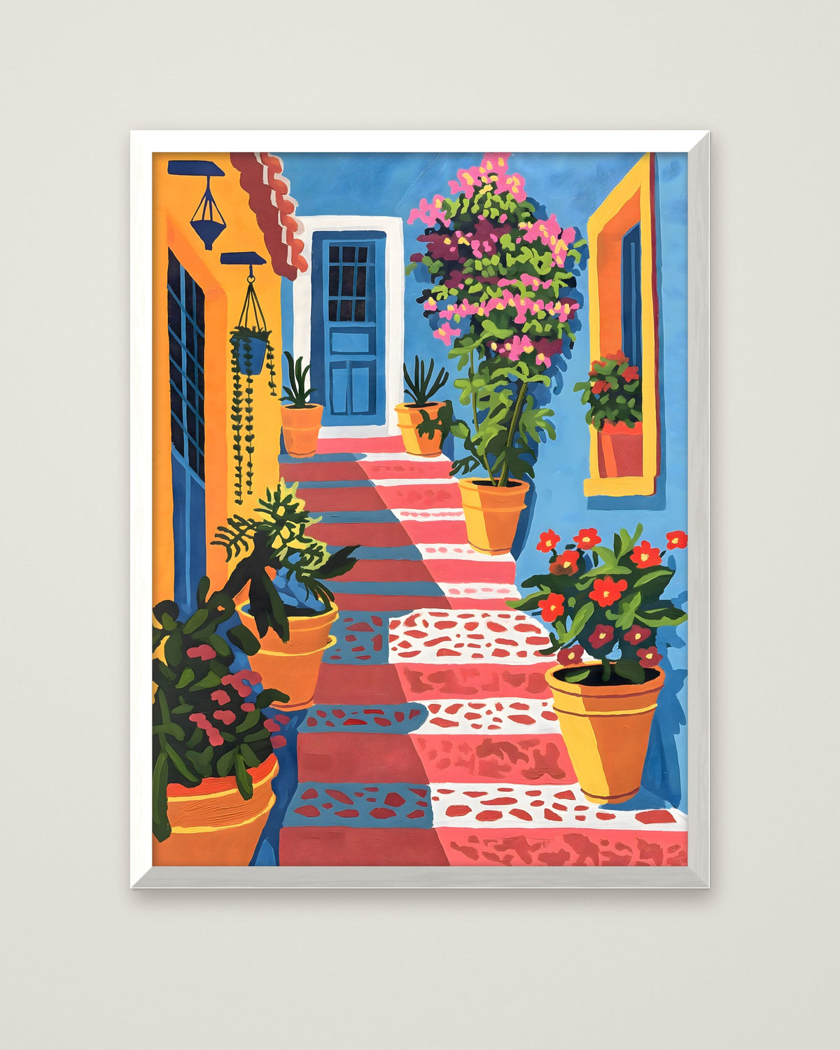 Mediterranean Courtyard Staircase Art in a white frame