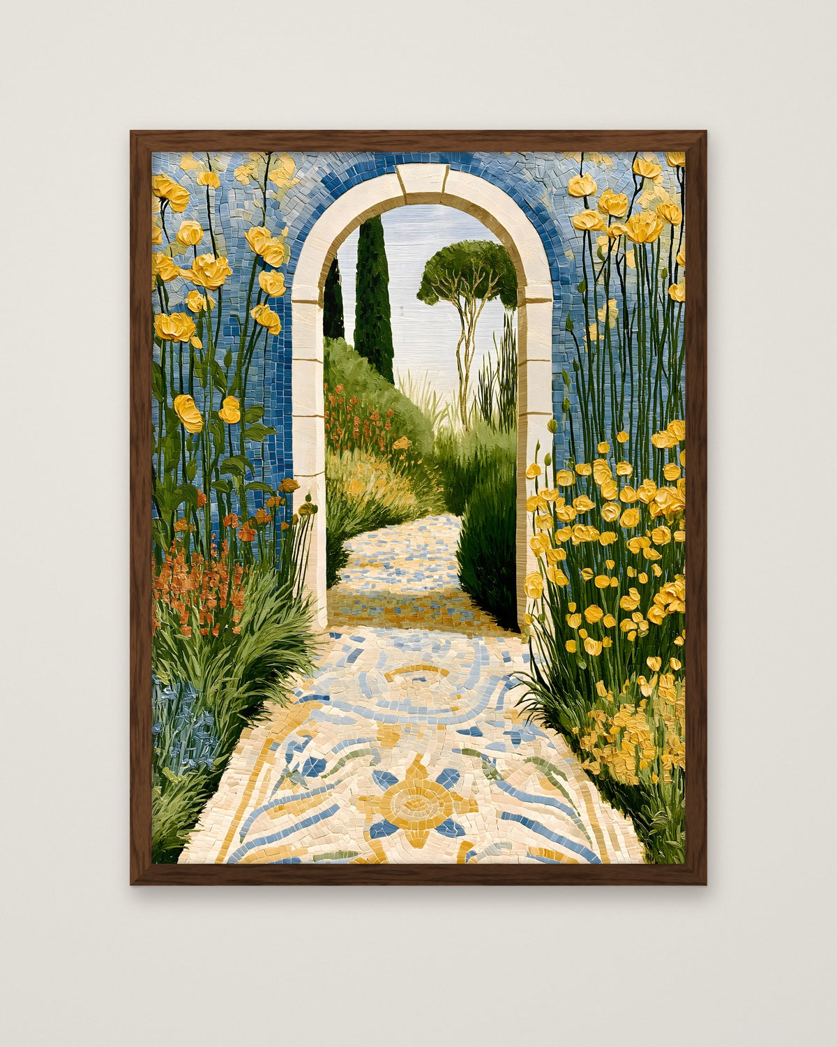 Mediterranean Garden Archway Art in a dark wood frame