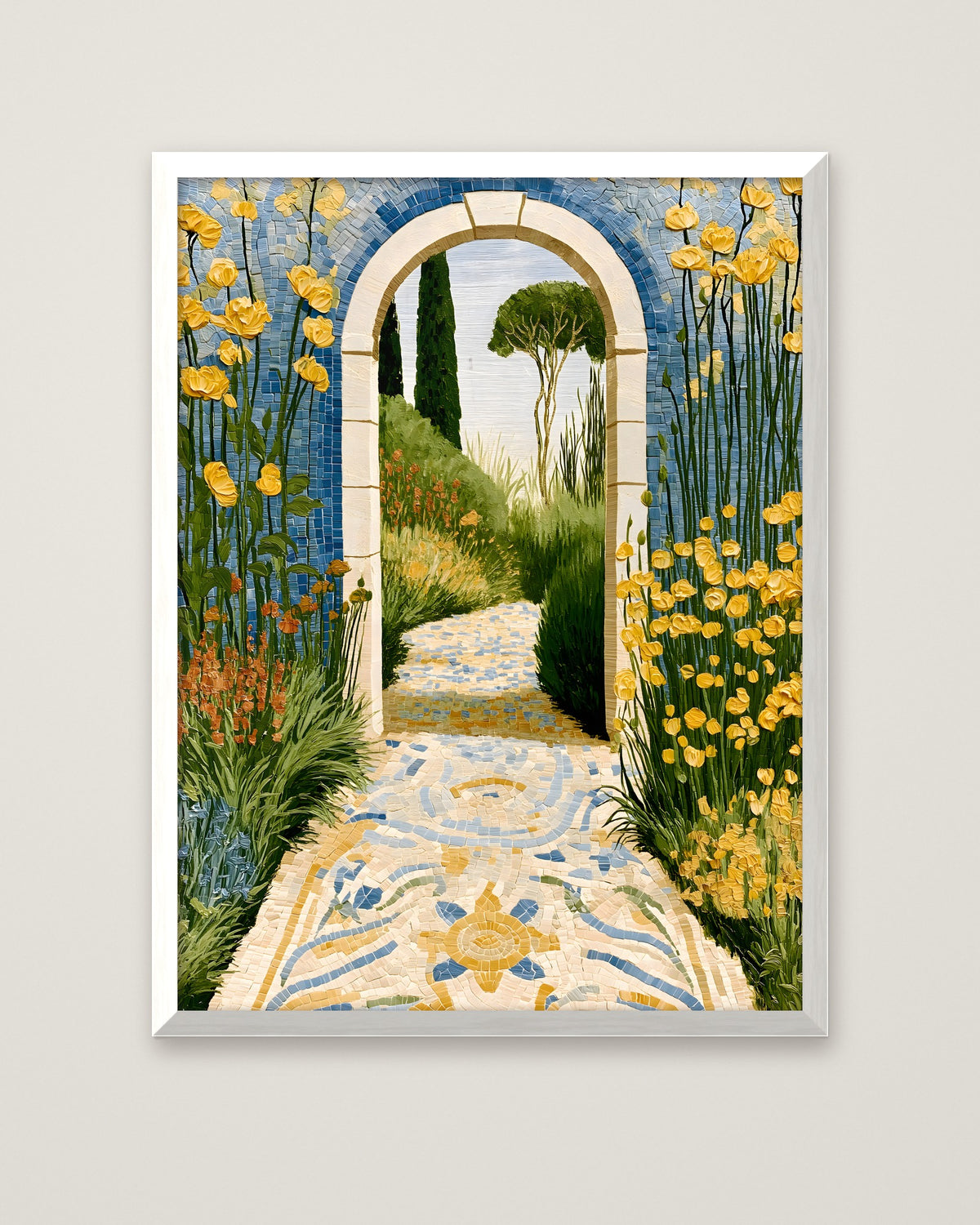 Mediterranean Garden Archway Art in a white frame