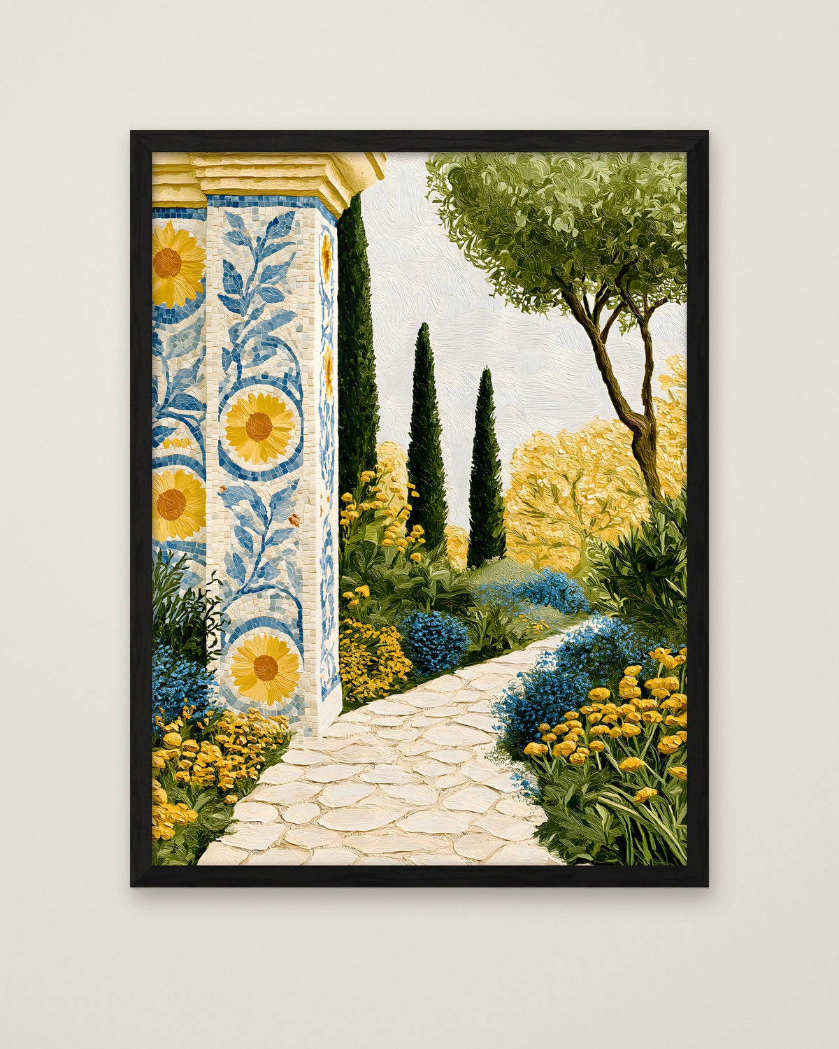 Mediterranean Garden Mosaic Art in a black frame