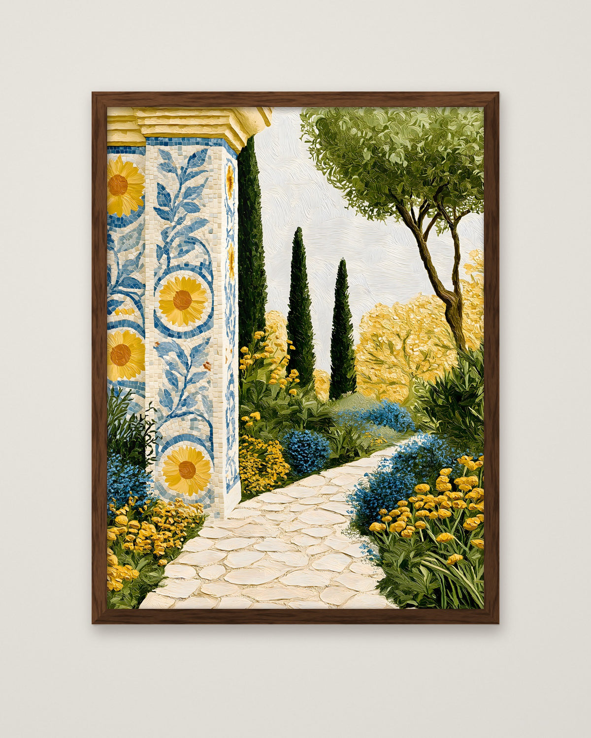 Mediterranean Garden Mosaic Art in a dark wood frame