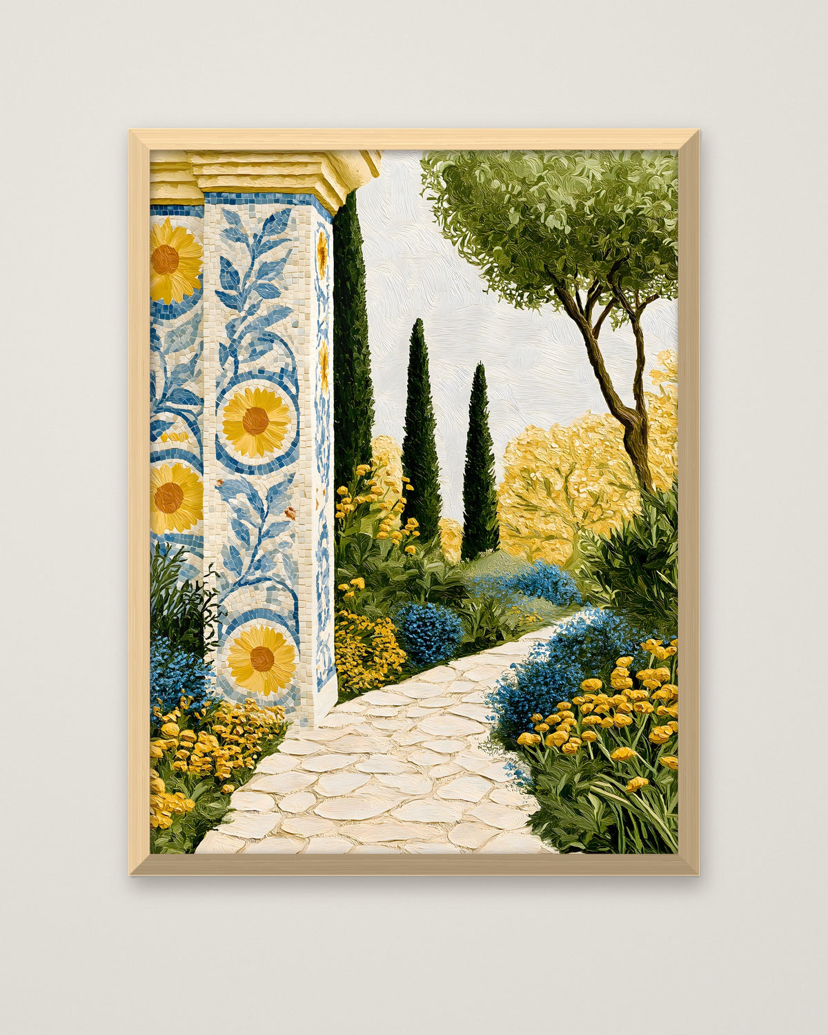 Mediterranean Garden Mosaic Art in a natural wood frame