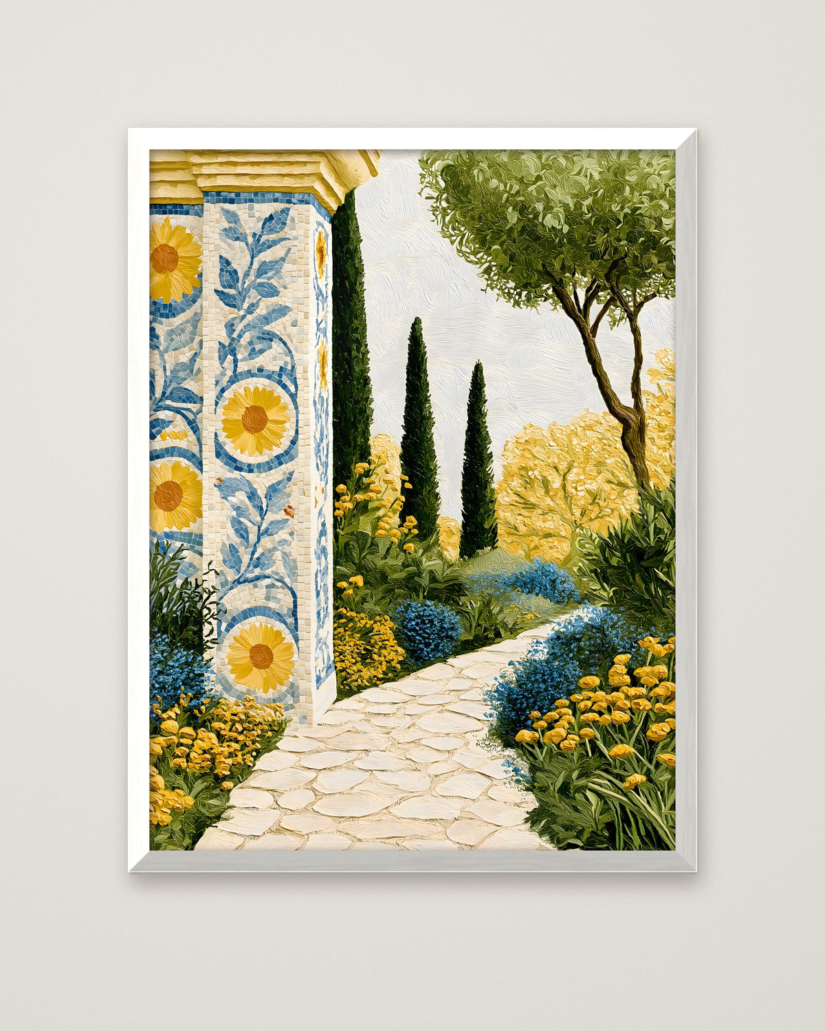 Mediterranean Garden Mosaic Art in a white frame