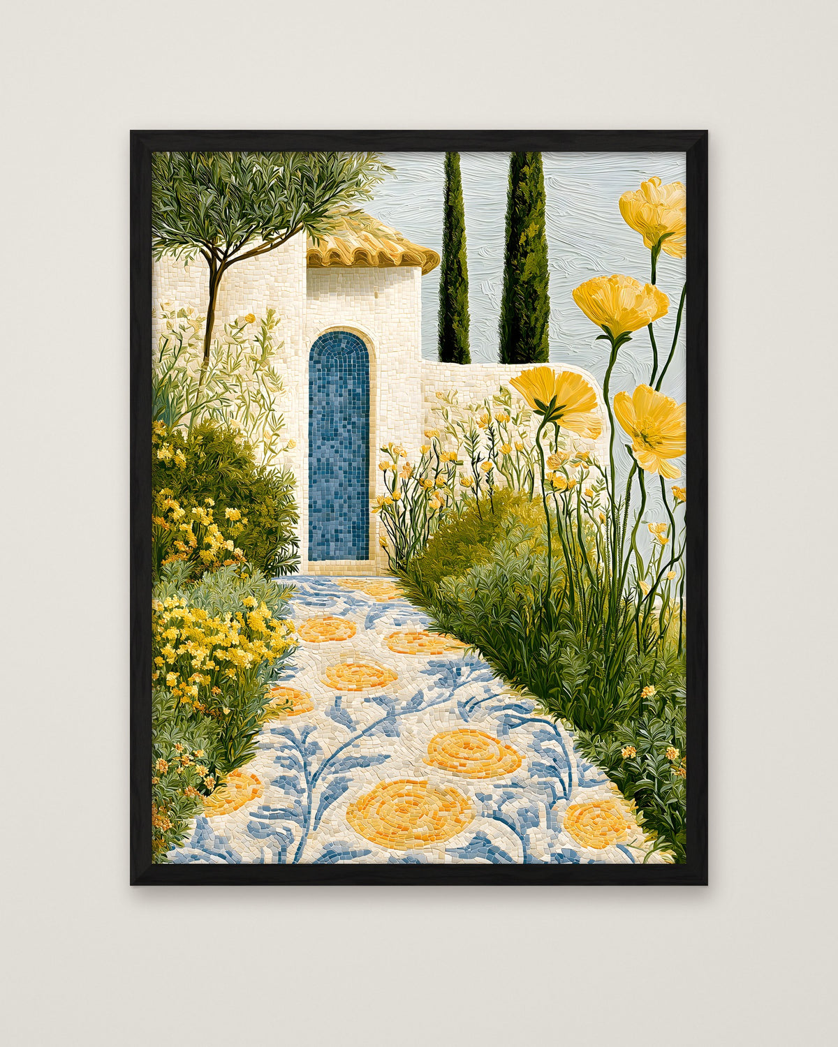 Mediterranean Mosaic Garden Art in a black frame