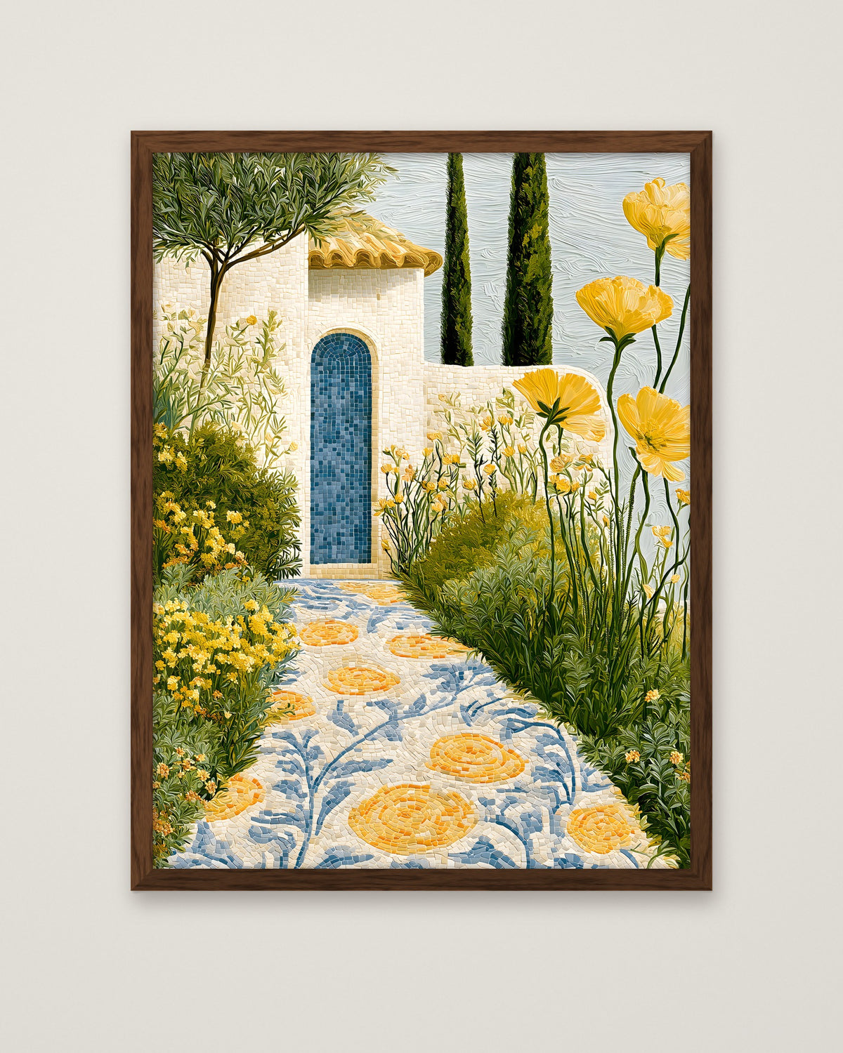 Mediterranean Mosaic Garden Art in a dark wood frame