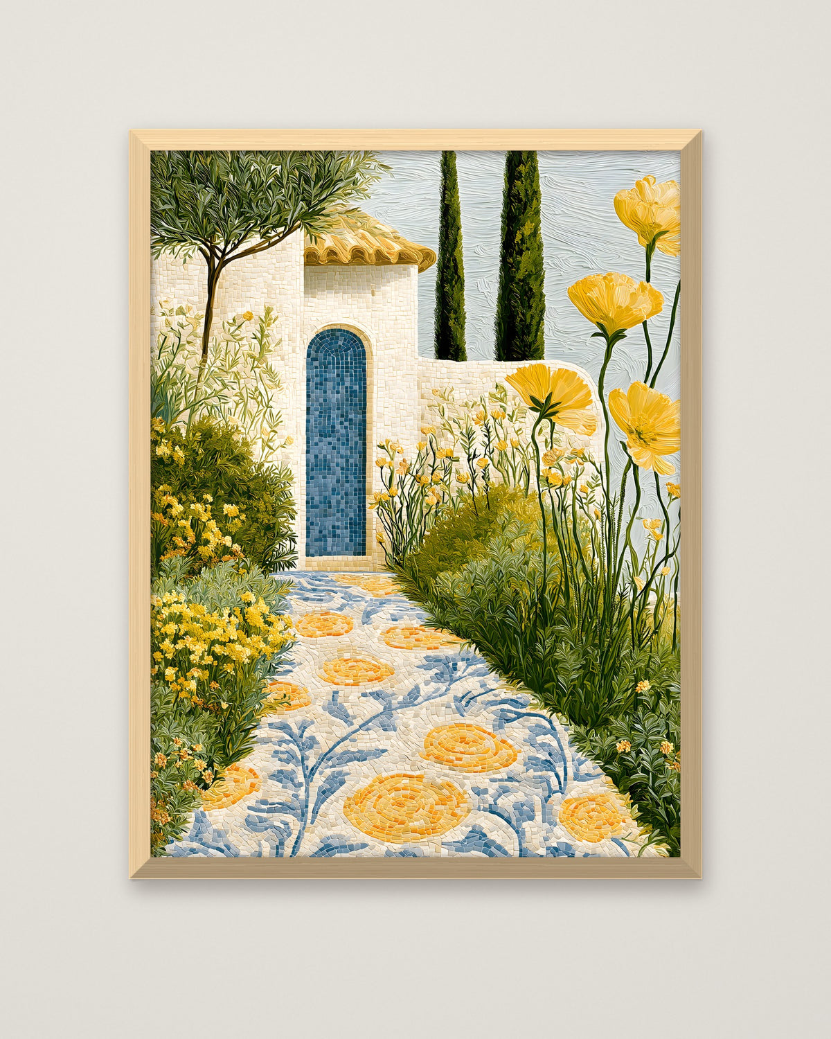 Mediterranean Mosaic Garden Art in a natural wood frame