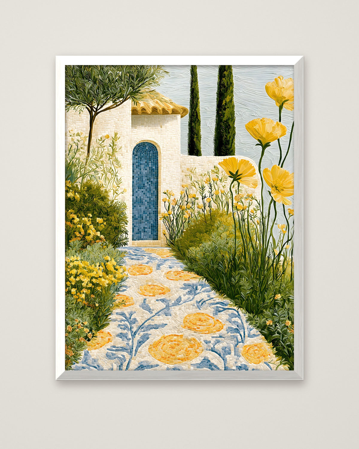 Mediterranean Mosaic Garden Art in a white frame