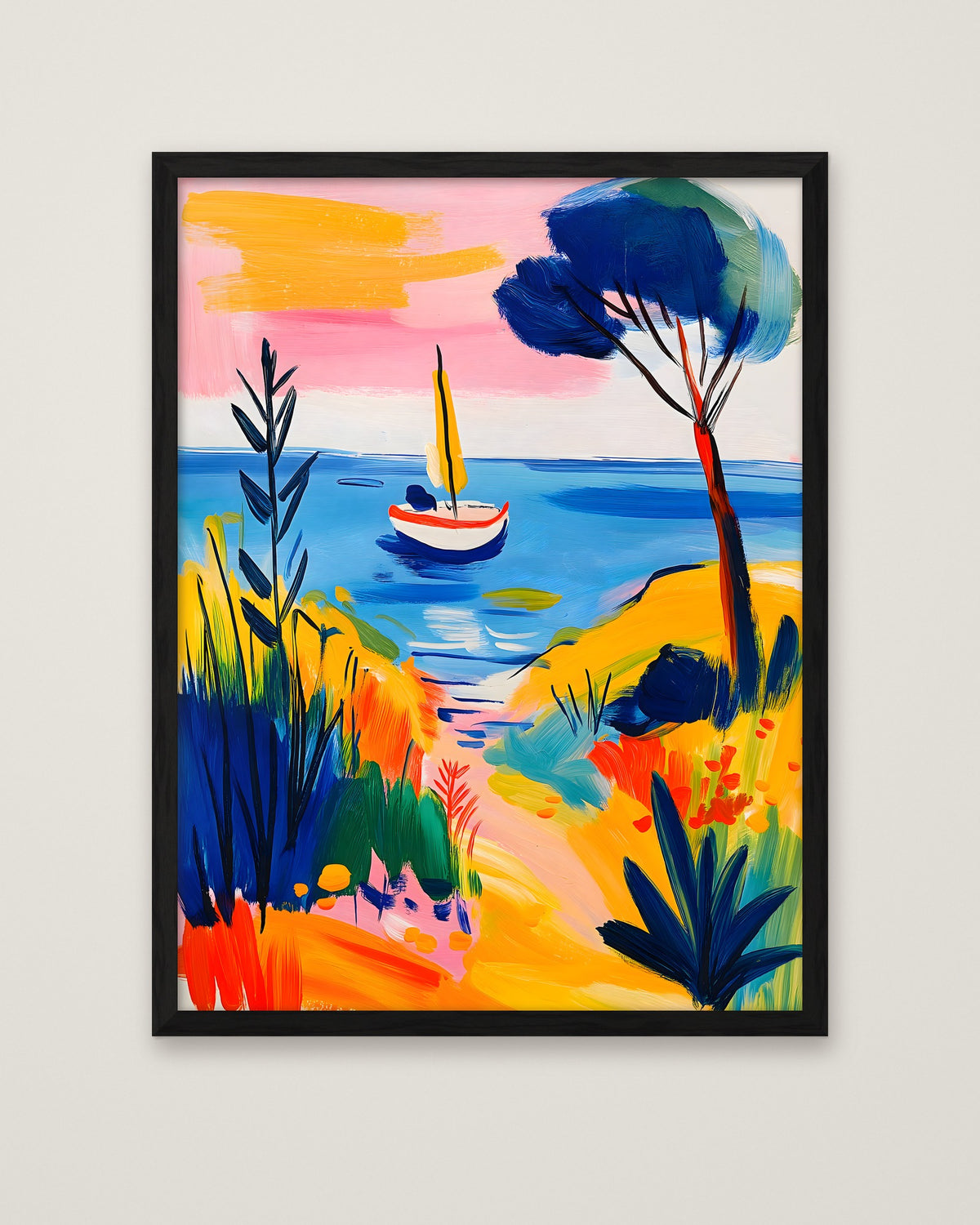 Mediterranean Sailboat Coastal Art in a black frame