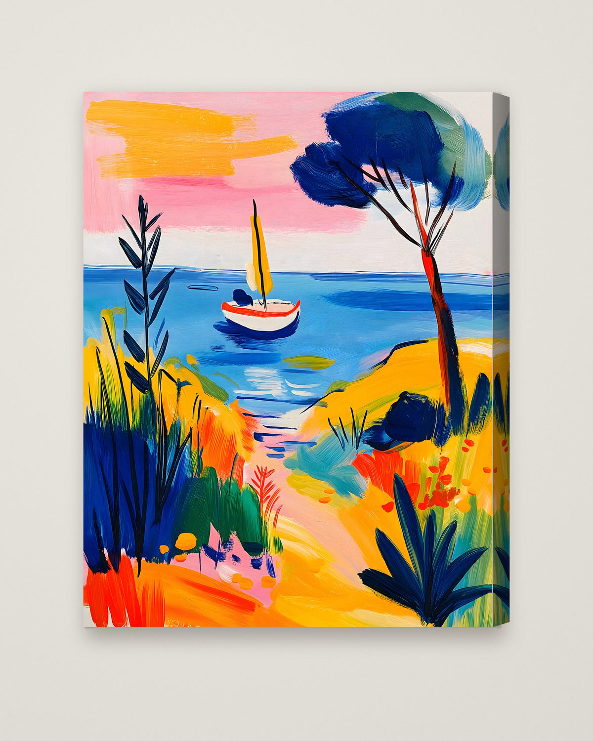 Mediterranean Sailboat Coastal Art as a stretched canvas