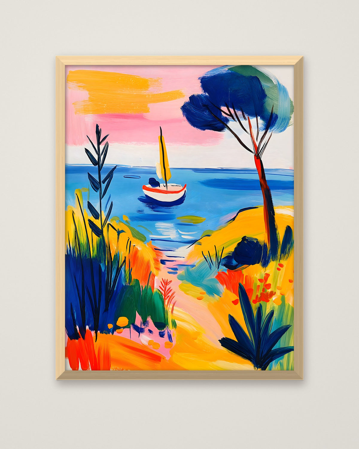 Mediterranean Sailboat Coastal Art in a natural wood frame