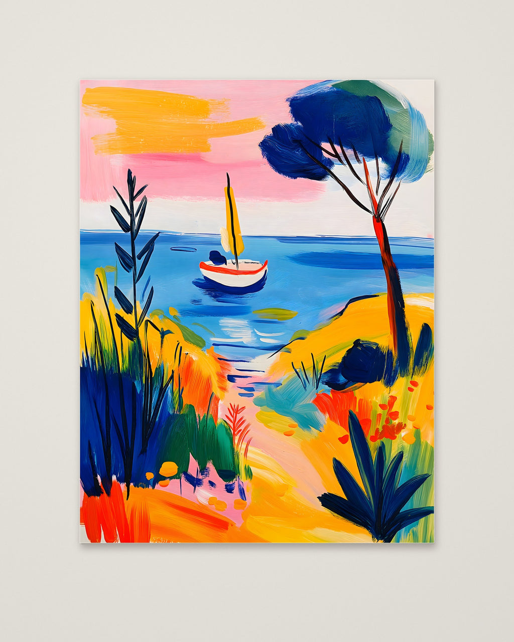 Mediterranean Sailboat Coastal Art as an unframed matte paper print