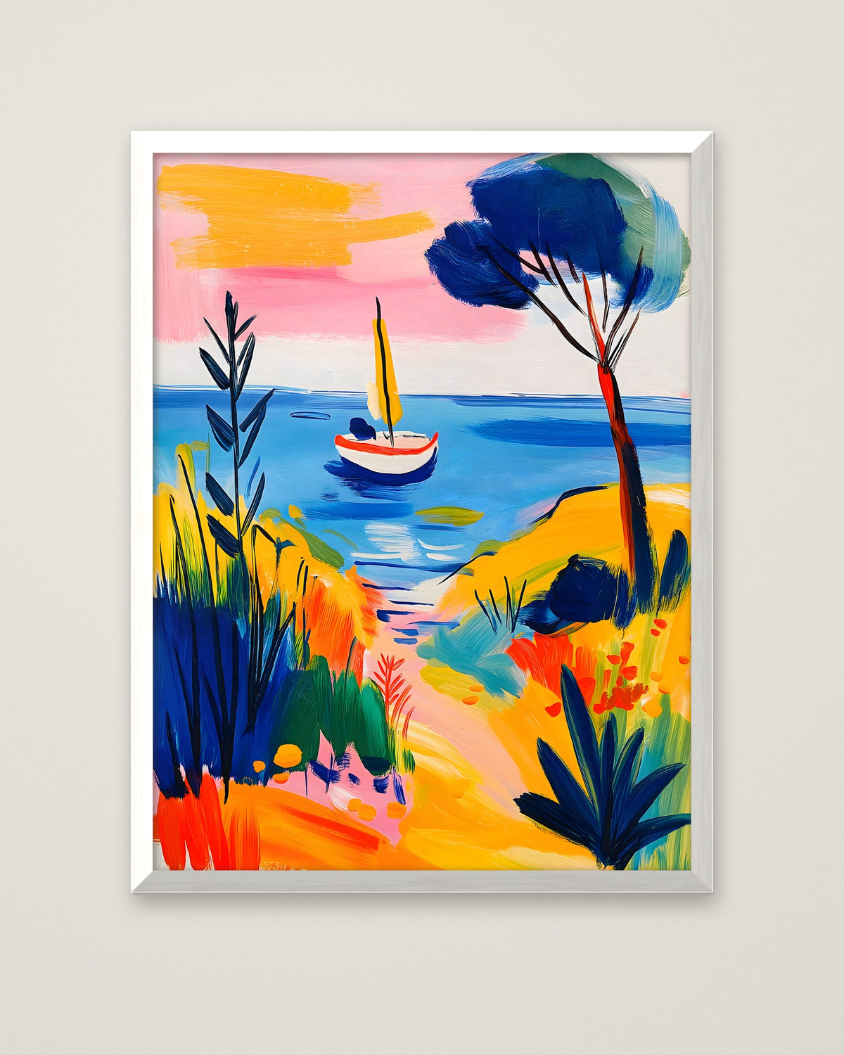 Mediterranean Sailboat Coastal Art in a white frame