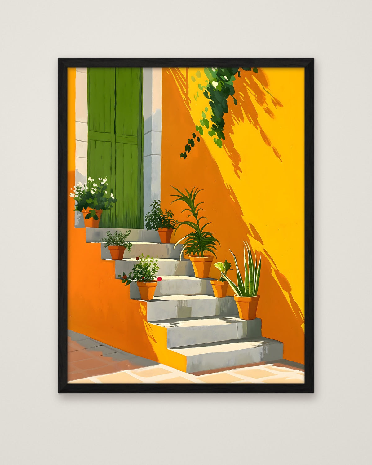 Mediterranean Staircase Botanical Art in a black frame