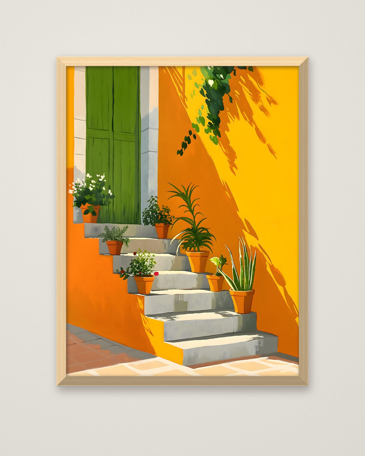 Mediterranean Staircase Botanical Art in a natural wood frame