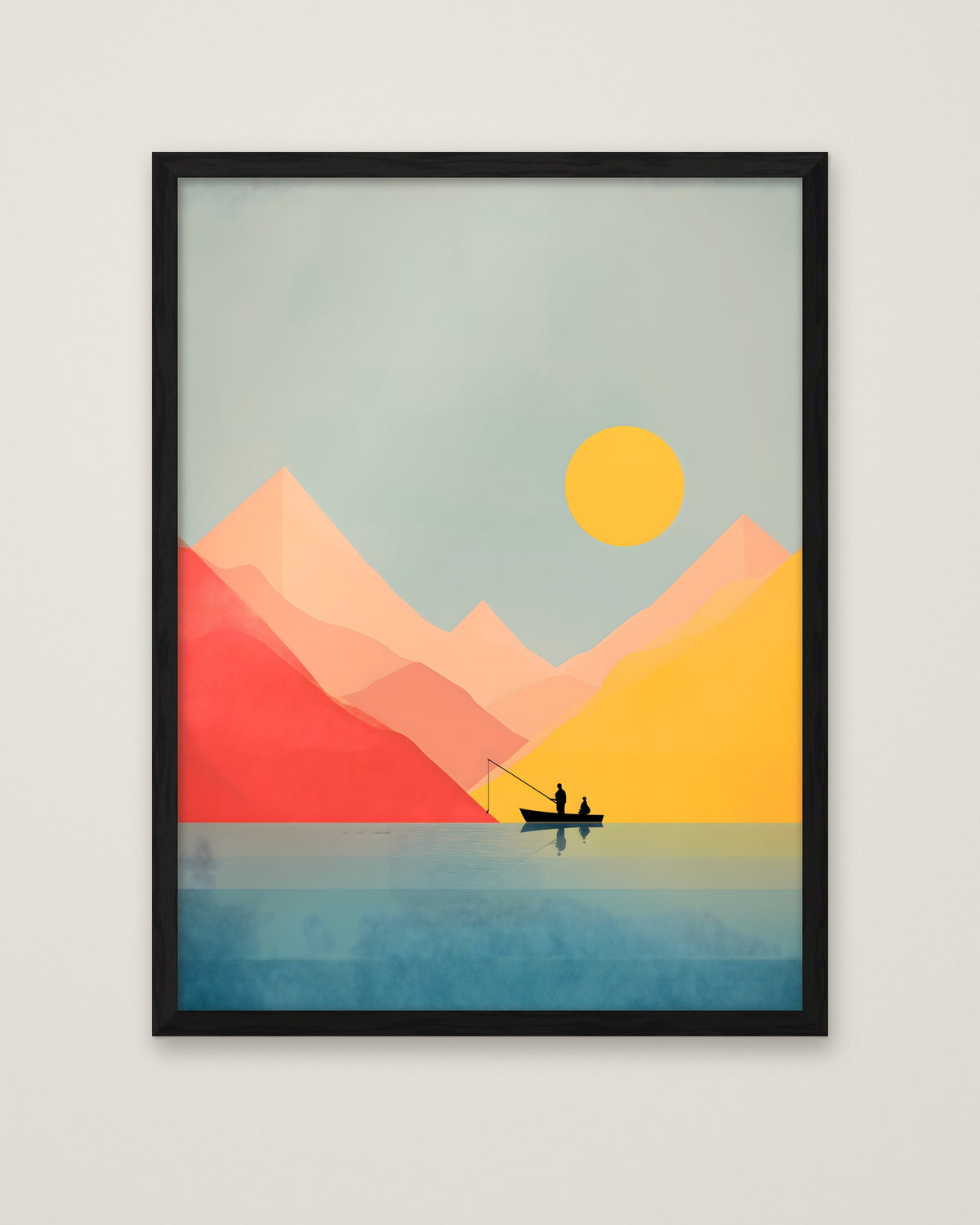 Minimalist Fishing Boat Mountain Art in a black frame