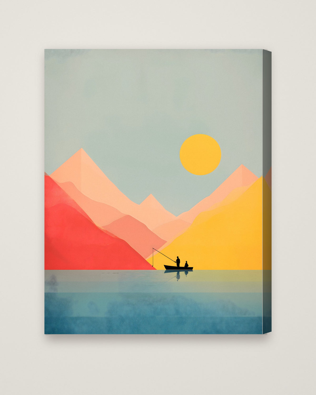 Minimalist Fishing Boat Mountain Art as a stretched canvas