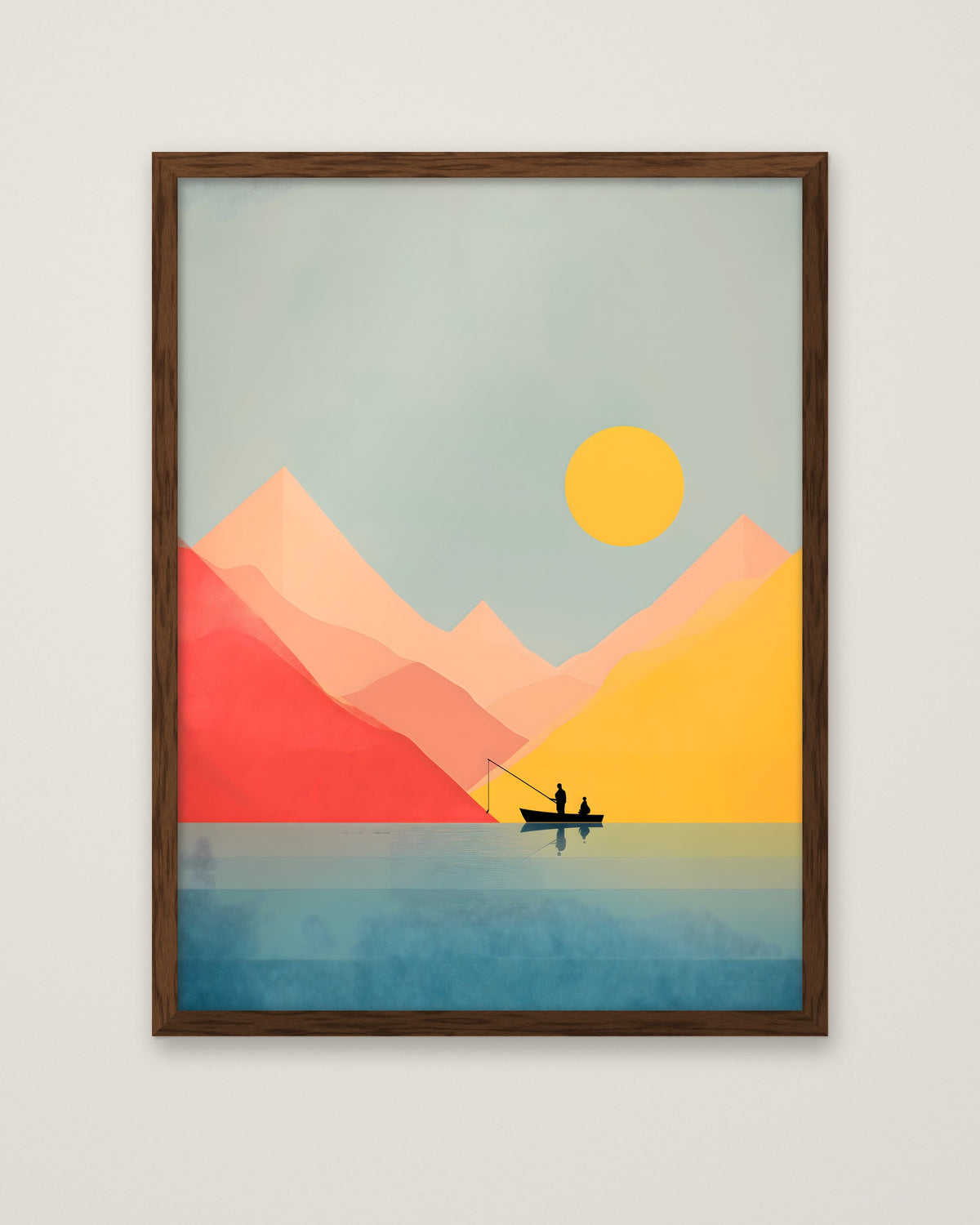 Minimalist Fishing Boat Mountain Art in a dark wood frame