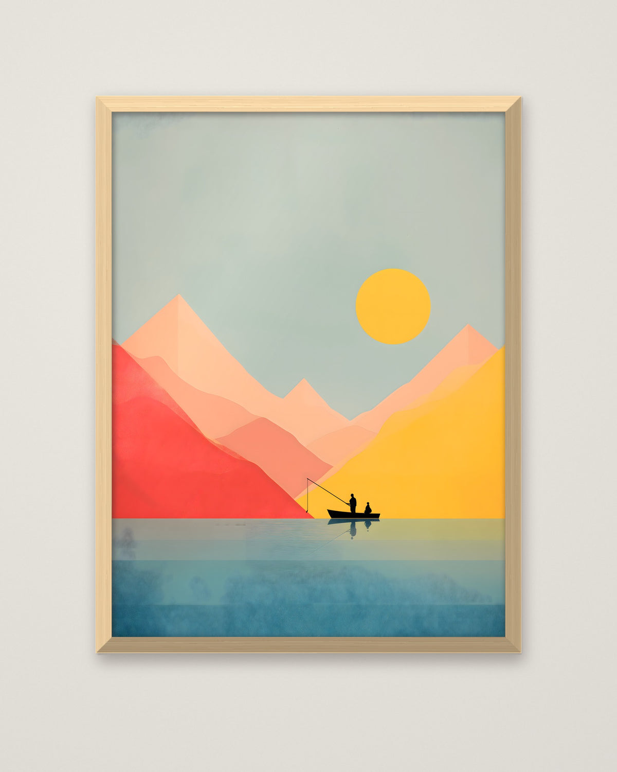 Minimalist Fishing Boat Mountain Art in a natural wood frame