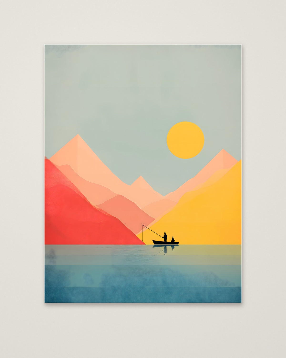 Minimalist Fishing Boat Mountain Art as an unframed matte paper print