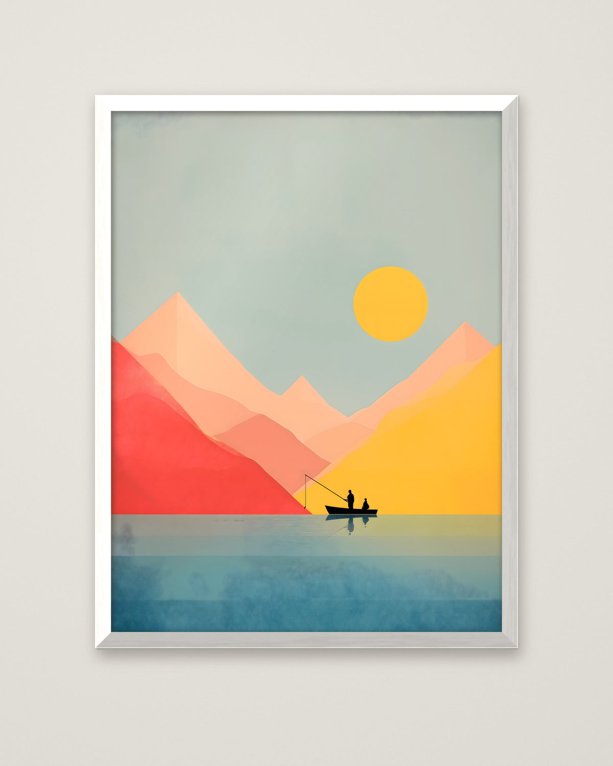 Minimalist Fishing Boat Mountain Art in a white frame