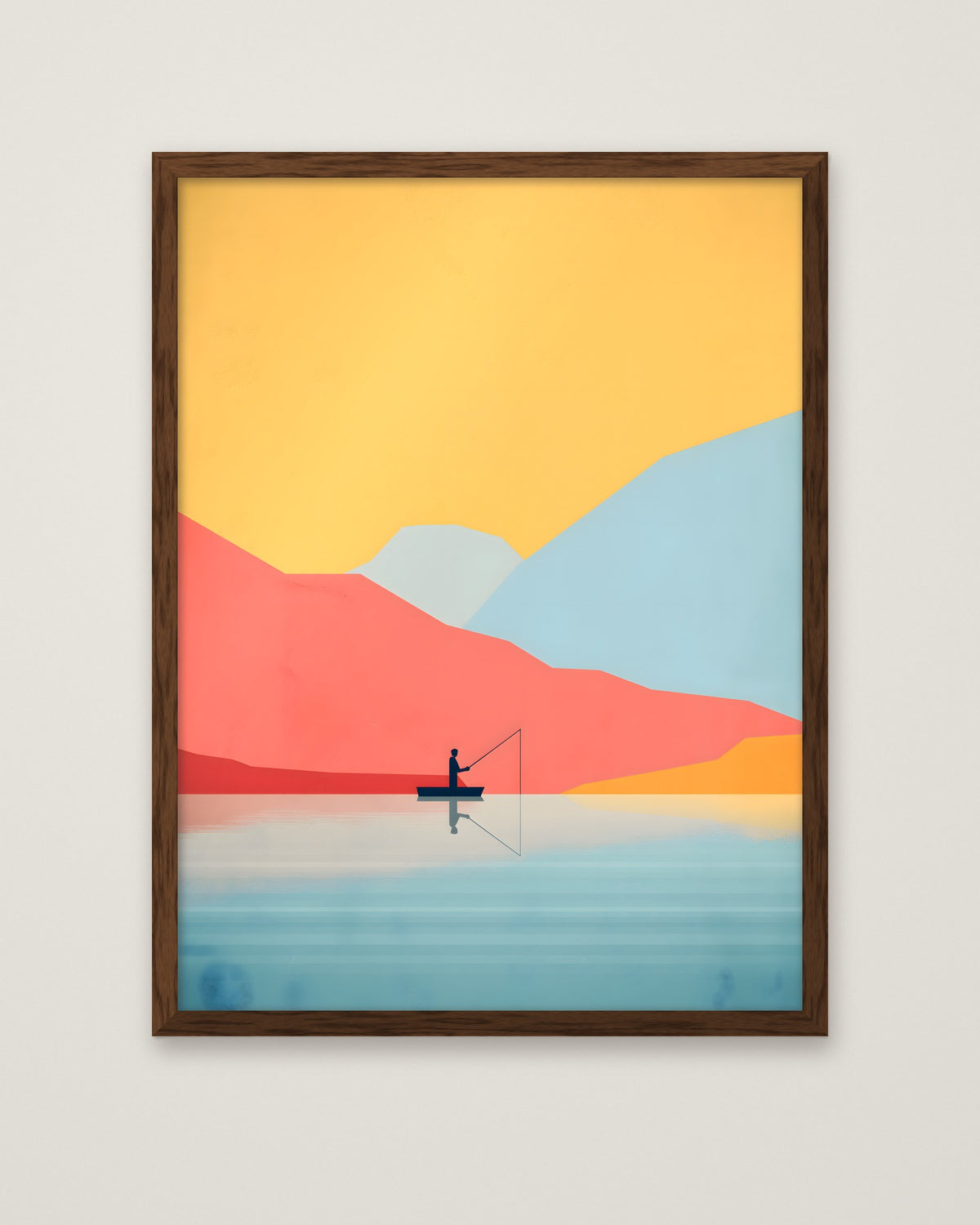 Minimalist Fishing Landscape Art in a dark wood frame