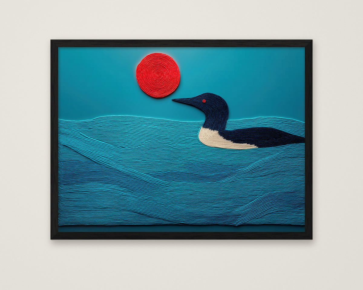 Minimalist Loon Bird Wall Art in a black frame