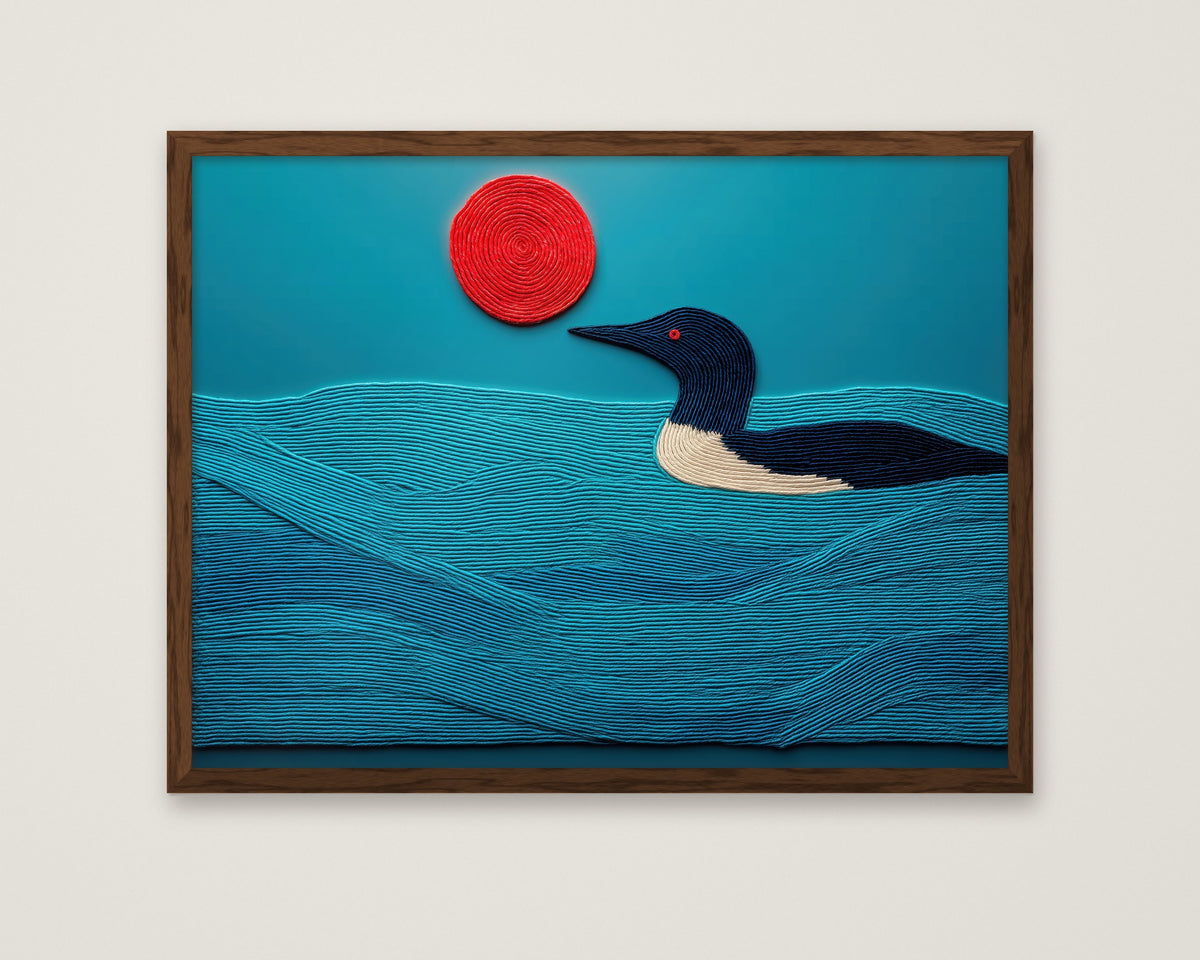 Minimalist Loon Bird Wall Art in a dark wood frame