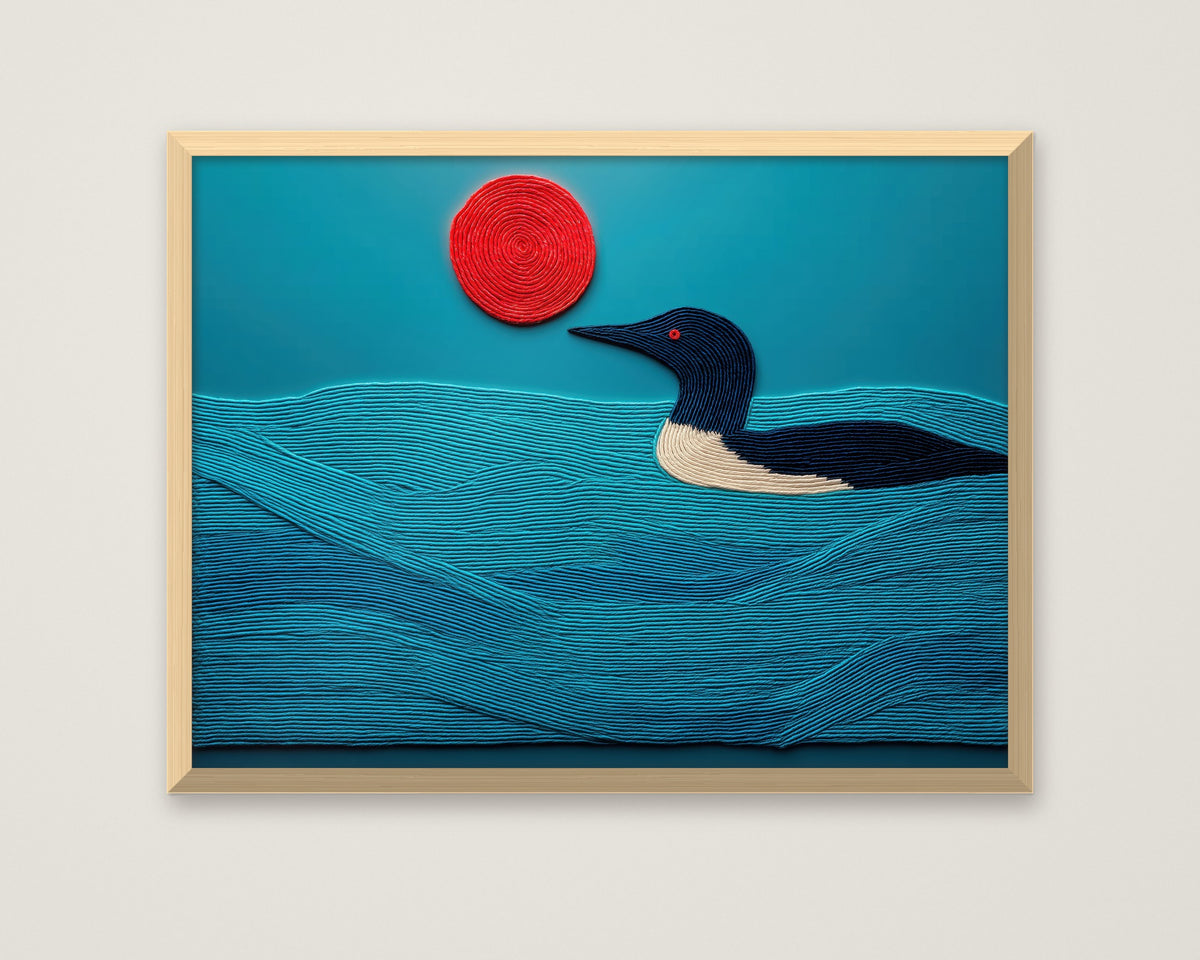 Minimalist Loon Bird Wall Art in a natural wood frame
