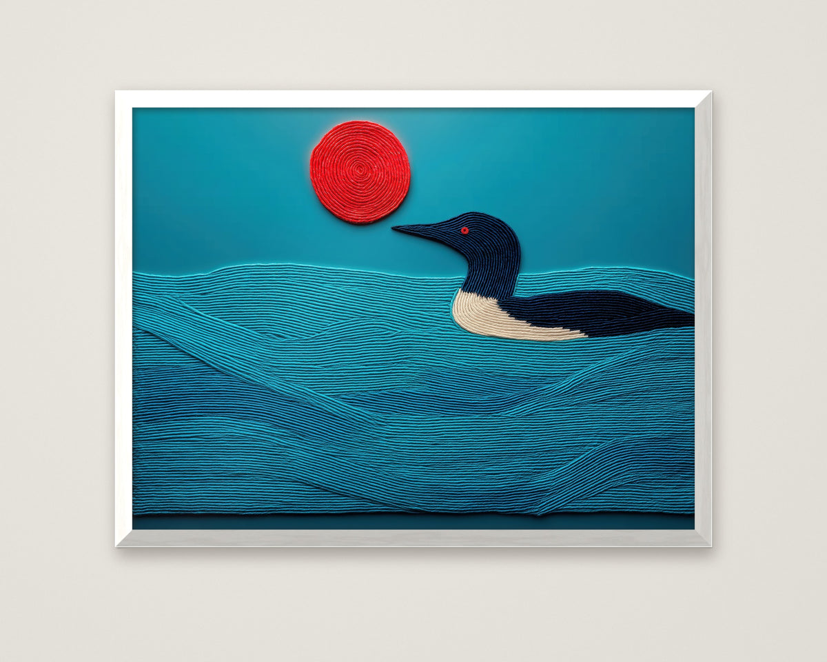 Minimalist Loon Bird Wall Art in a white frame