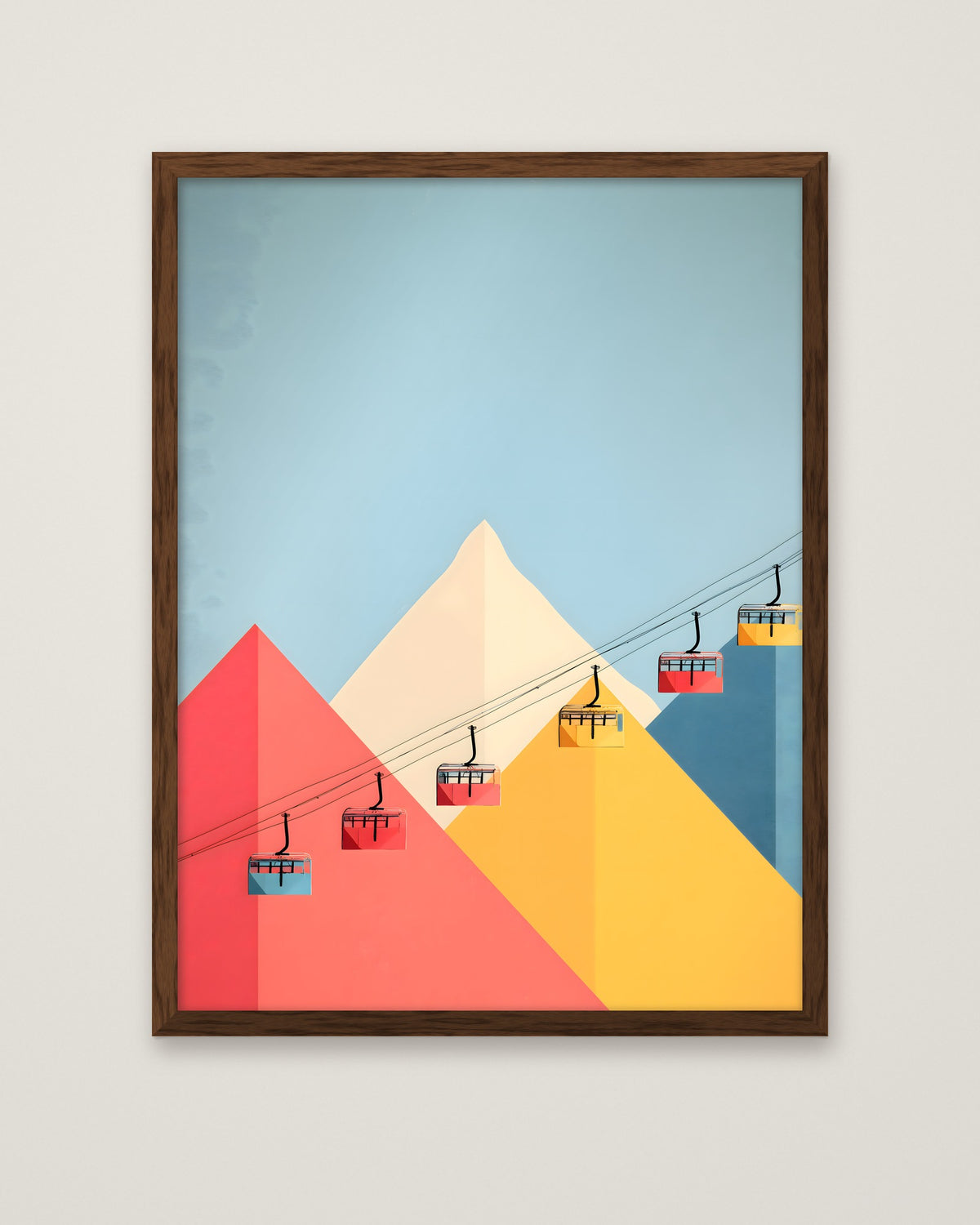 Minimalist Ski Gondola Mountain Art in a dark wood frame