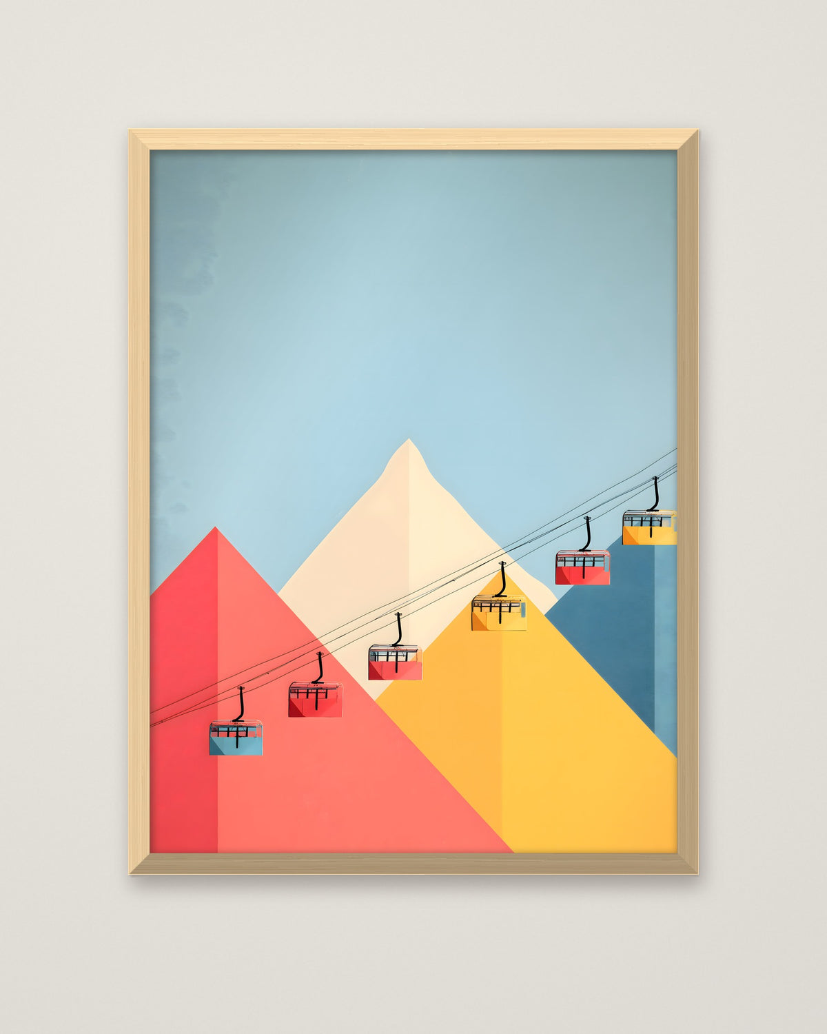 Minimalist Ski Gondola Mountain Art in a natural wood frame