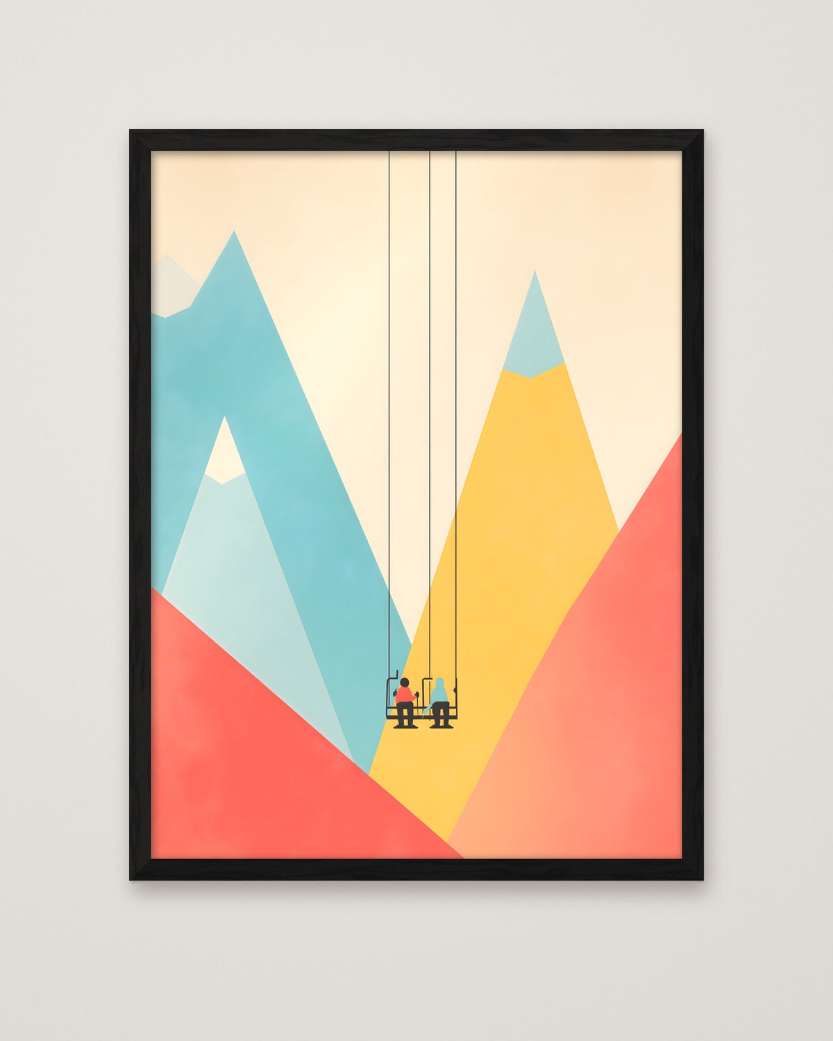 Minimalist Ski Lift Couple Art in a black frame