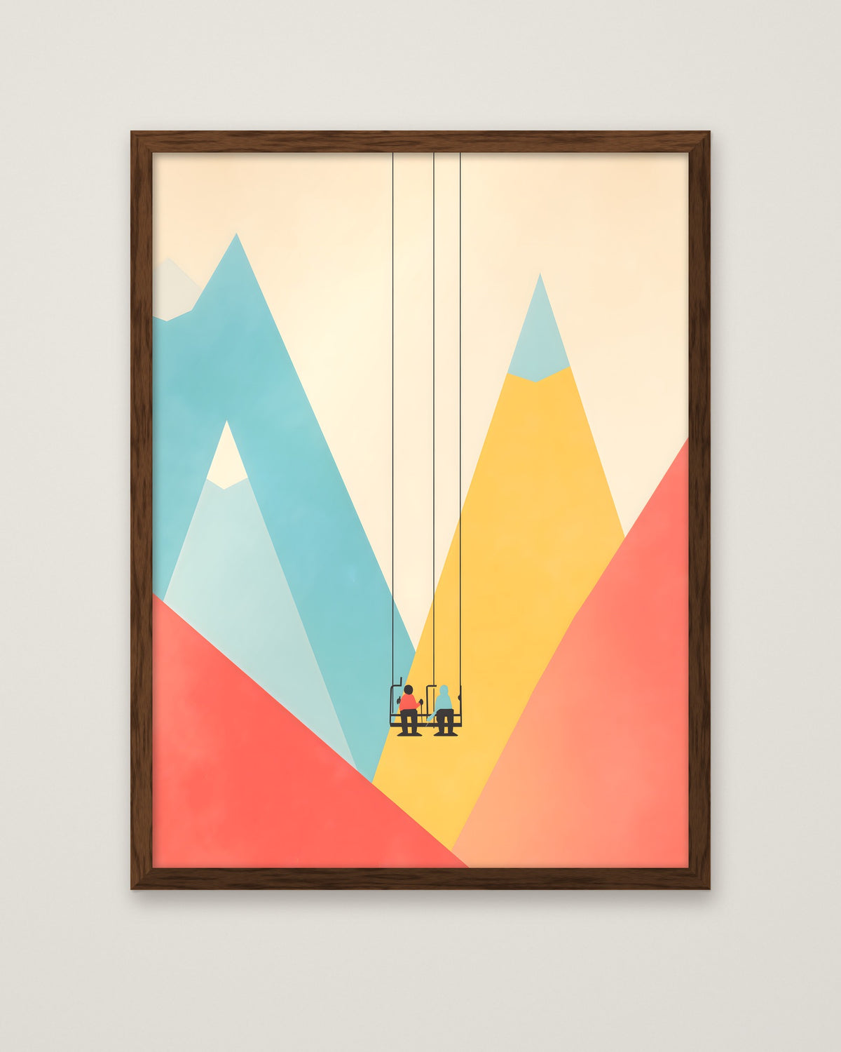 Minimalist Ski Lift Couple Art in a dark wood frame