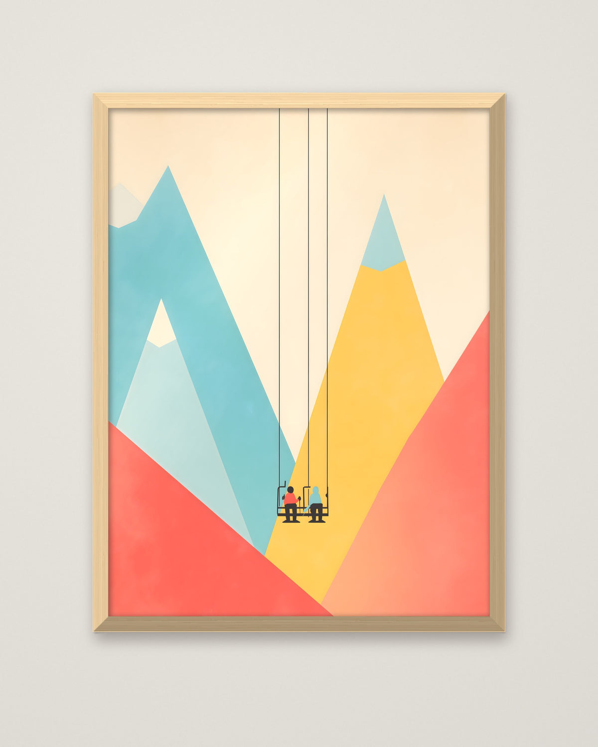 Minimalist Ski Lift Couple Art in a natural wood frame