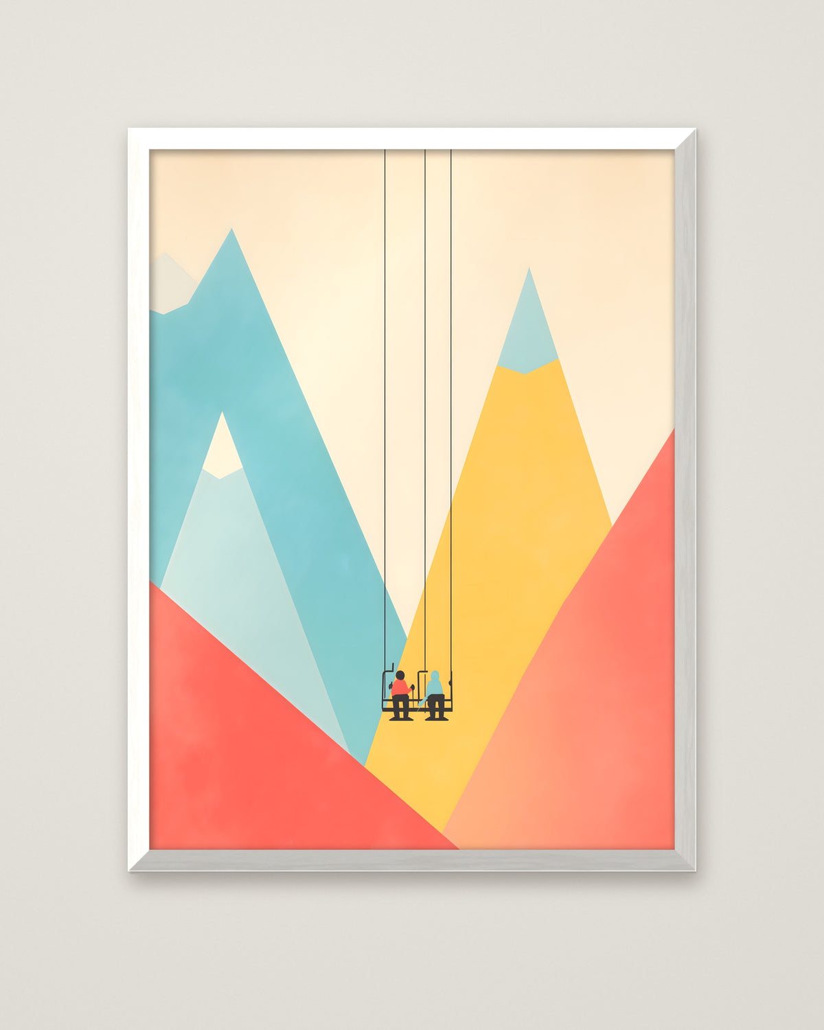 Minimalist Ski Lift Couple Art in a white frame