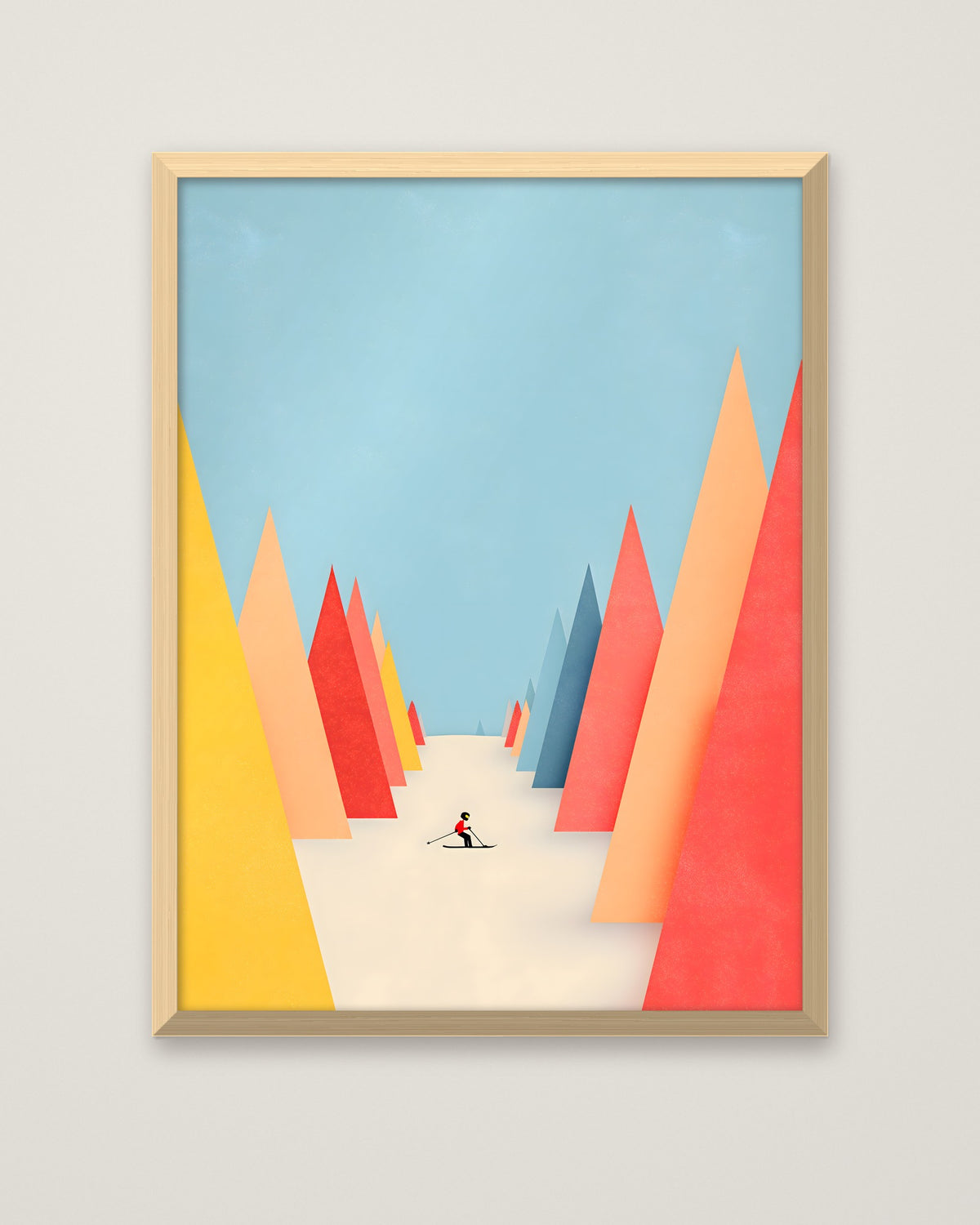 Minimalist Skiing Mountain Art in a natural wood frame