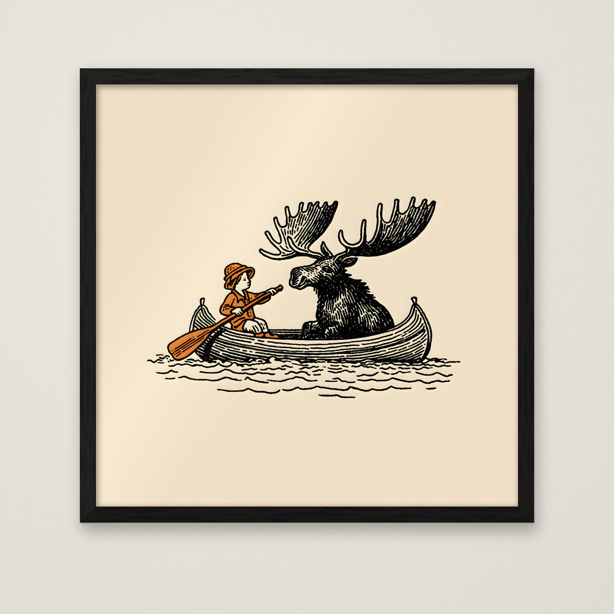 Moose Canoe Vintage Illustration in a black frame