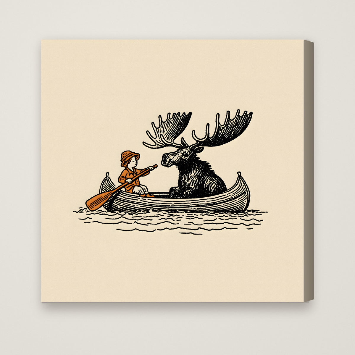 Moose Canoe Vintage Illustration as a stretched canvas