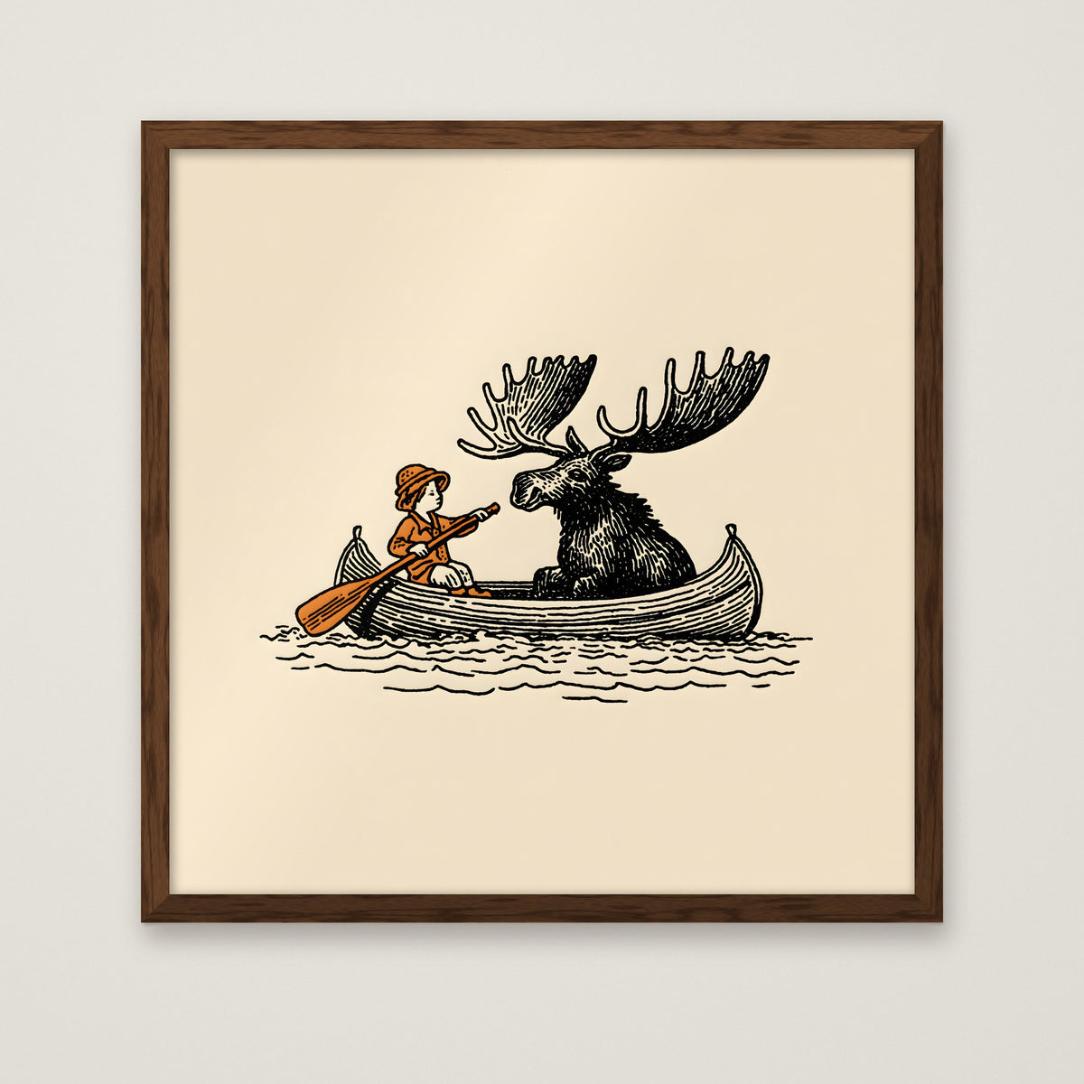 Moose Canoe Vintage Illustration in a dark wood frame