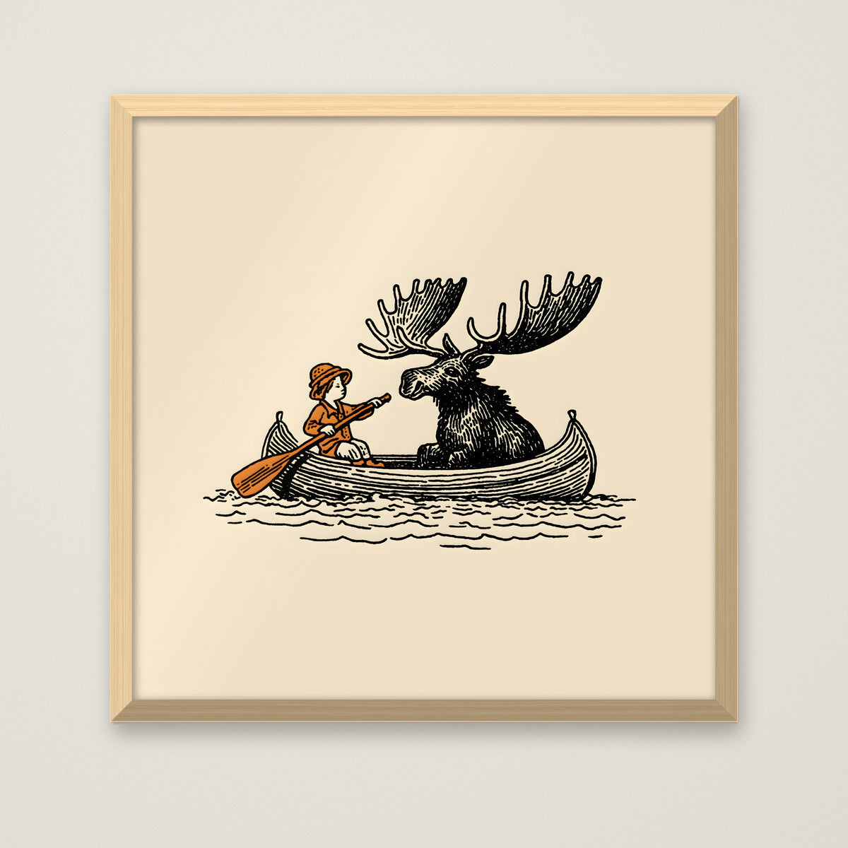 Moose Canoe Vintage Illustration in a natural wood frame