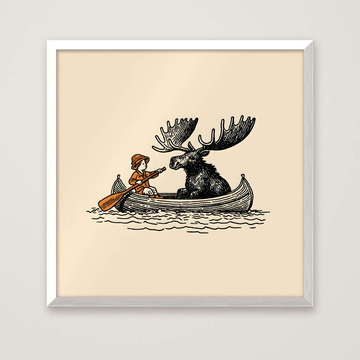 Moose Canoe Vintage Illustration in a white frame