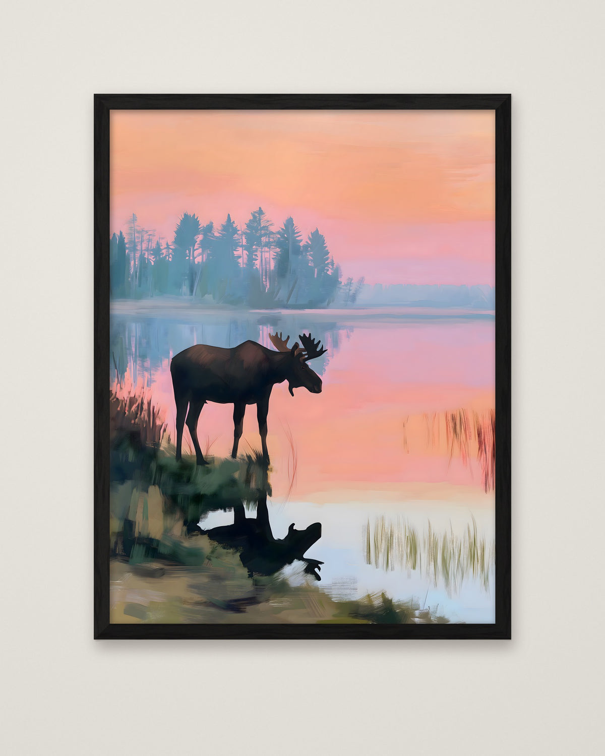 Moose Sunset Lake Art in a black frame