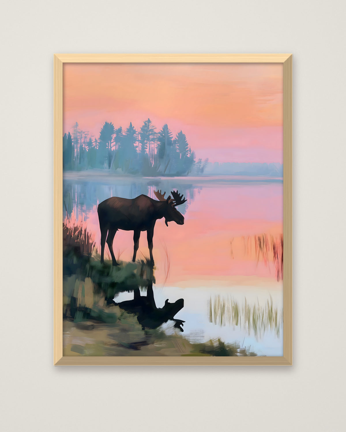 Moose Sunset Lake Art in a natural wood frame