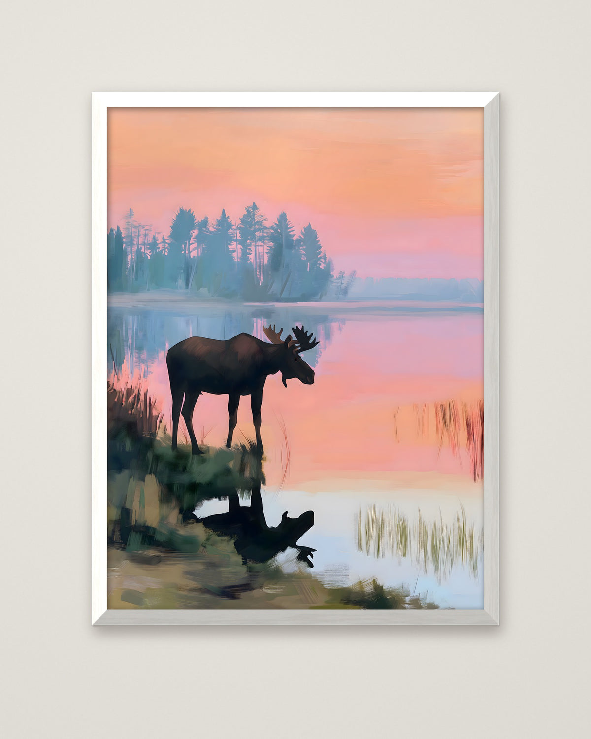 Moose Sunset Lake Art in a white frame