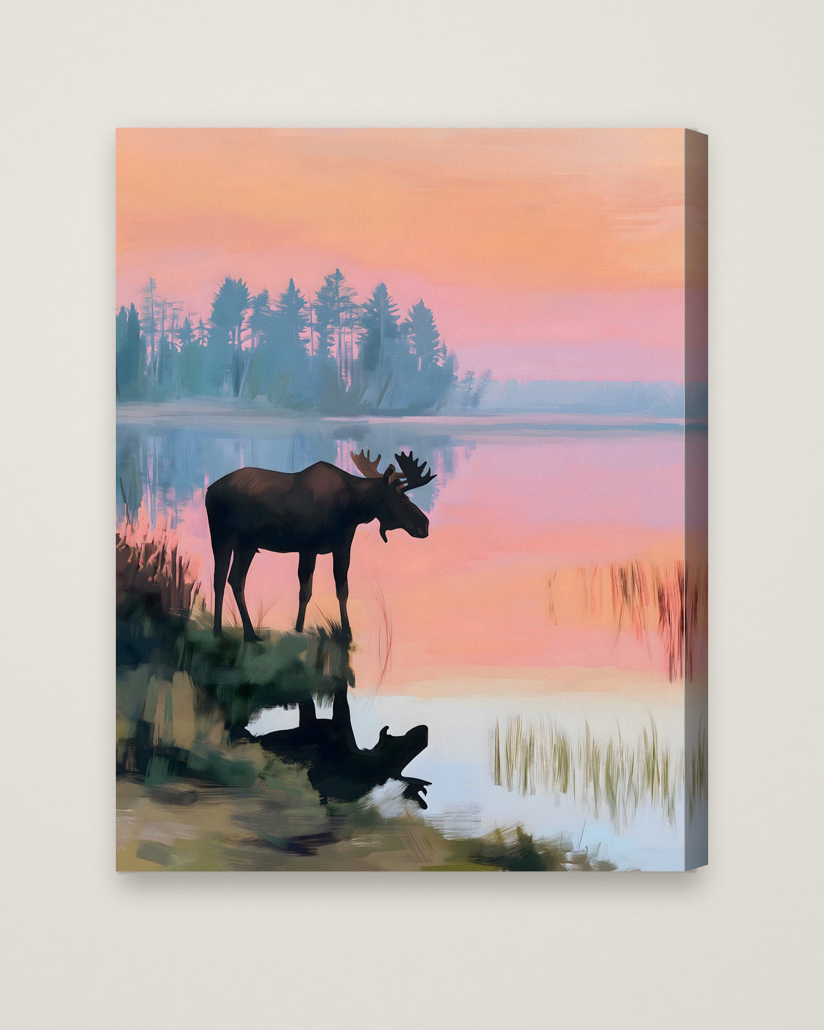 Moose Sunset Lake Art as a stretched canvas