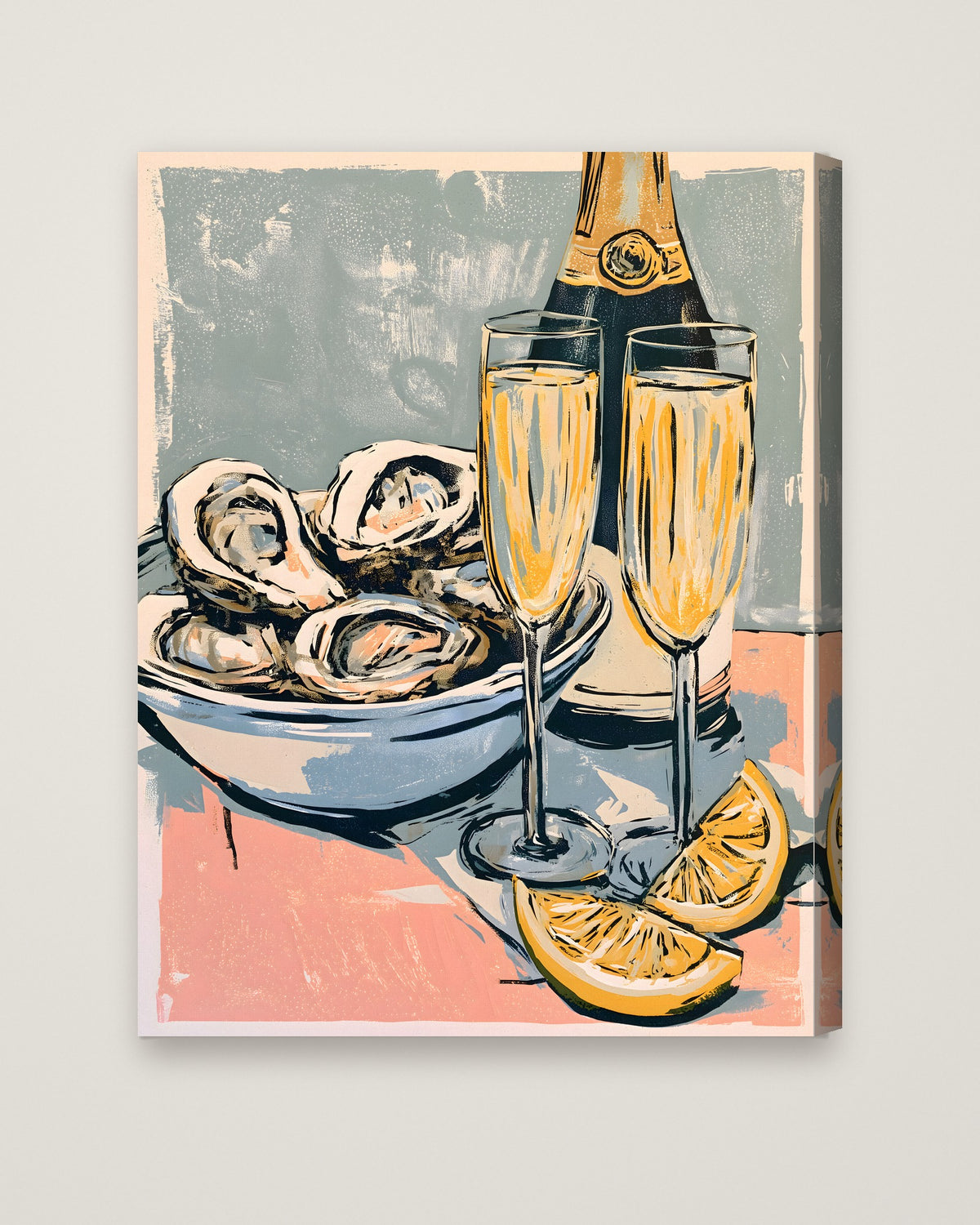 Oysters Champagne Still Life Art as a stretched canvas